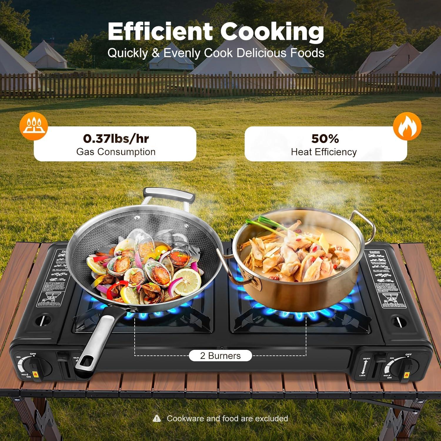 Estufa de Camping Portátil QUEWATSA Doble Quemador Butano 64x27.8cm