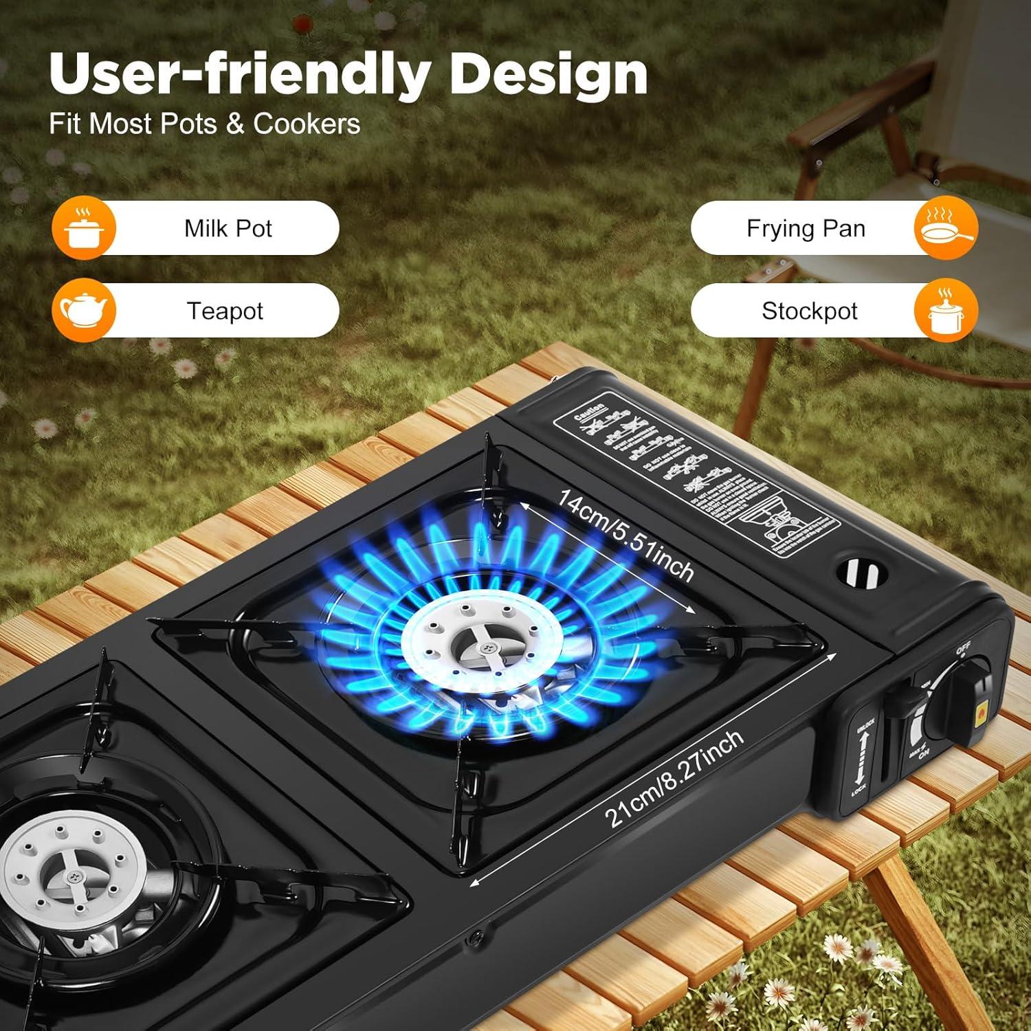 Estufa de Camping Portátil QUEWATSA Doble Quemador Butano 64x27.8cm