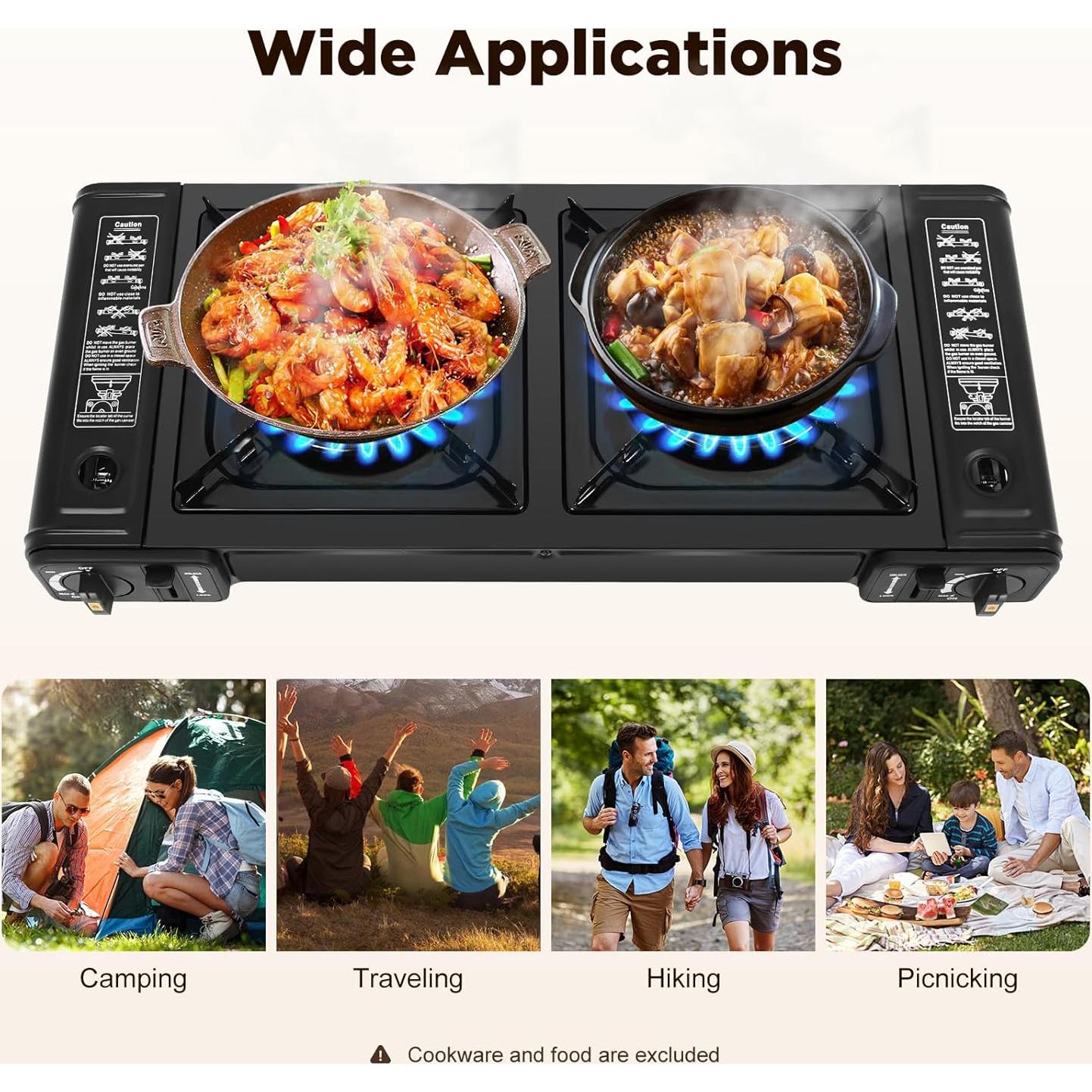 Estufa de Camping Portátil QUEWATSA Doble Quemador Butano 64x27.8cm