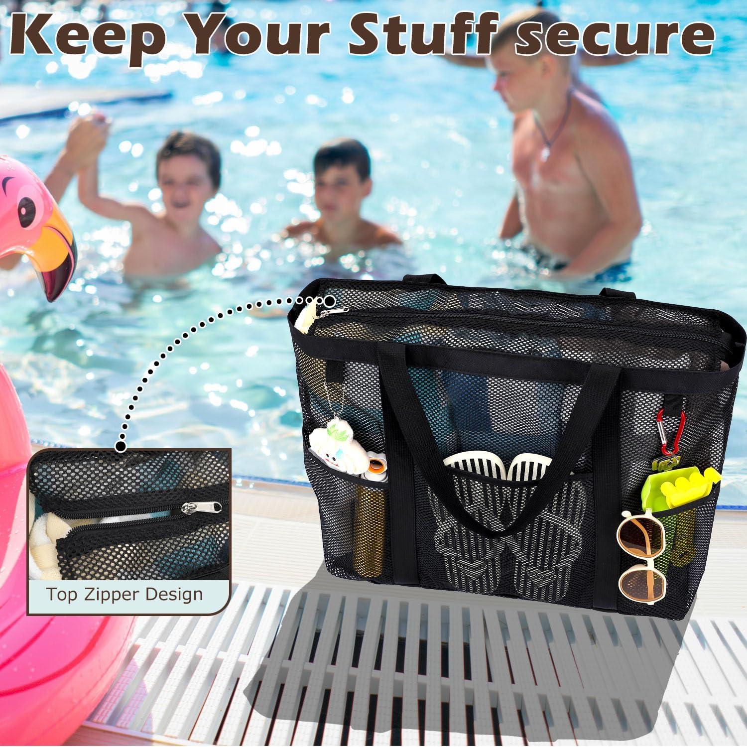 Bolsa de Playa de Malla Fammart Grande con Cremallera - Negro