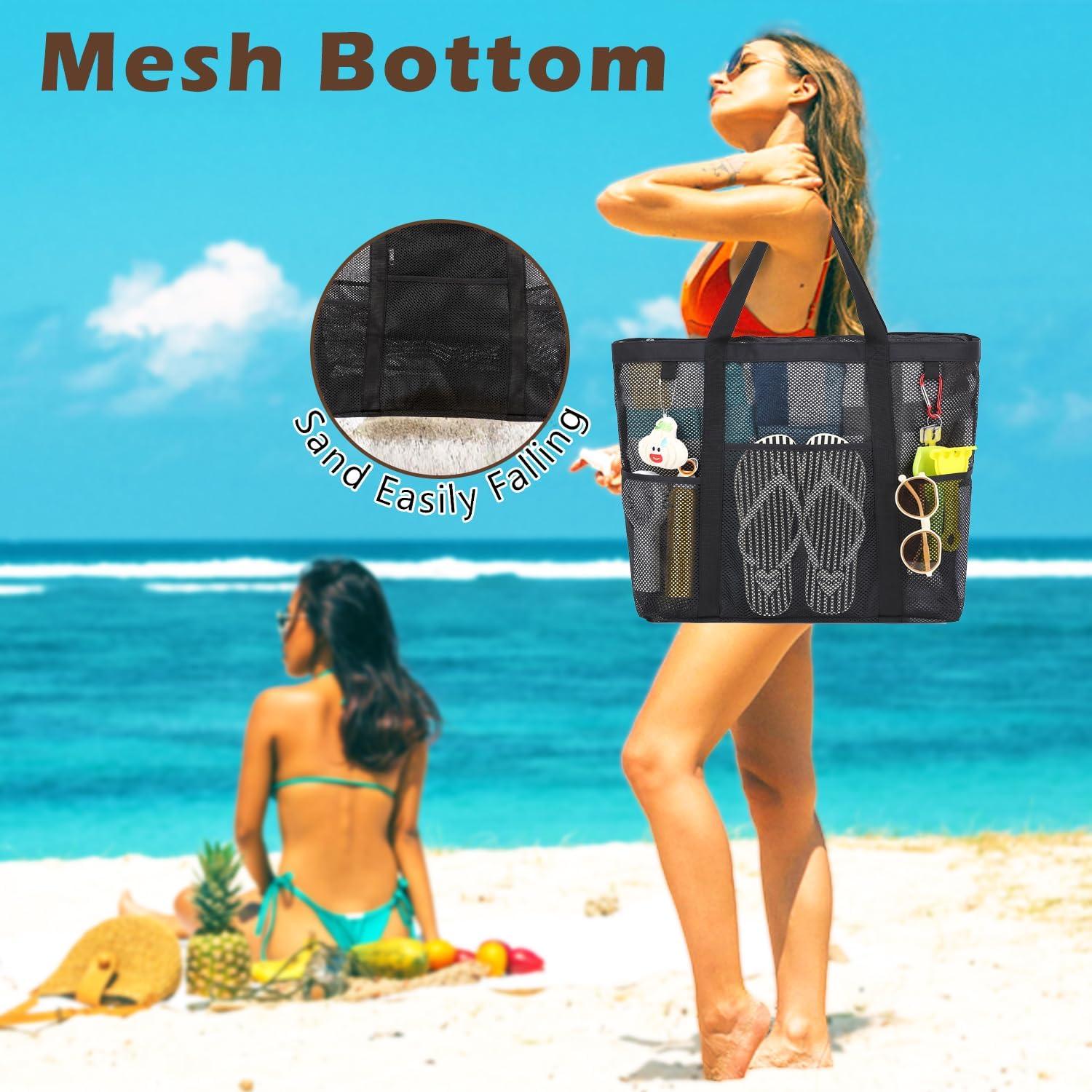 Bolsa de Playa de Malla Fammart Grande con Cremallera - Negro