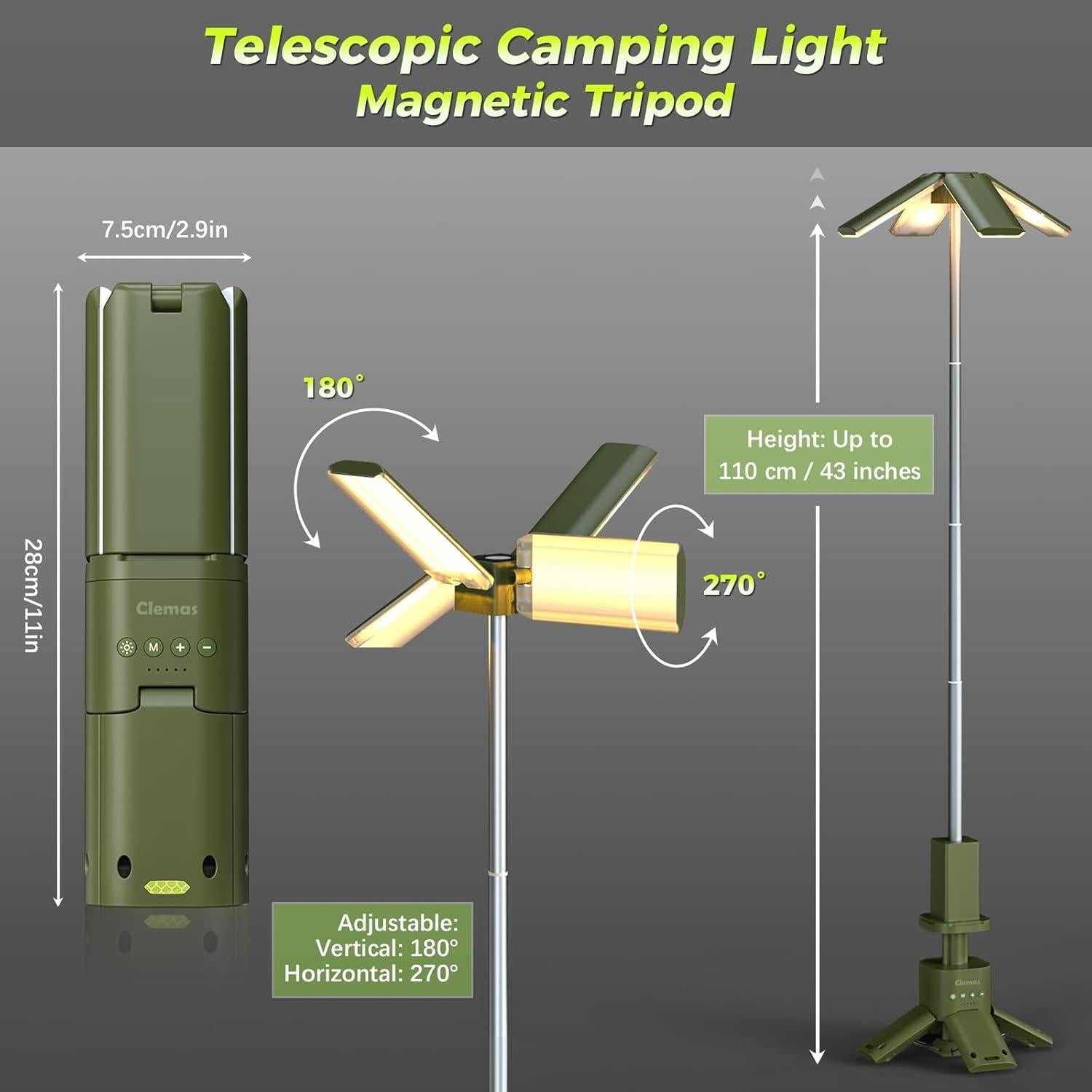 Luces de Camping Telescópicas Clemas 14000mAh 6000LM Verde