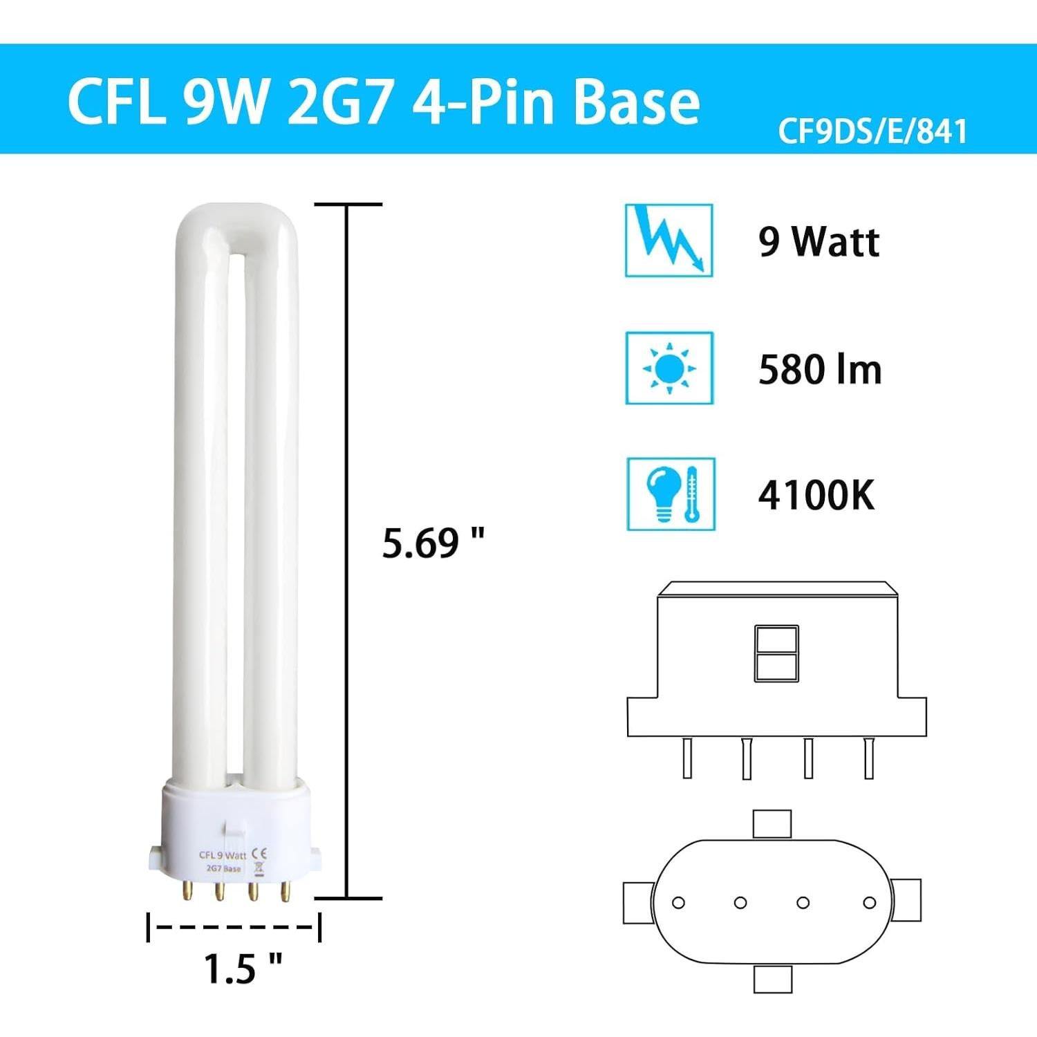 Bombilla Fluorescente CFL T4 9W 4100K 2G7 - 2 Pack