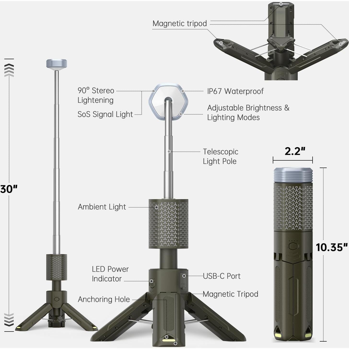 Lámpara de Camping MORIKO Telescópica 10,500mAh IP67 Verde