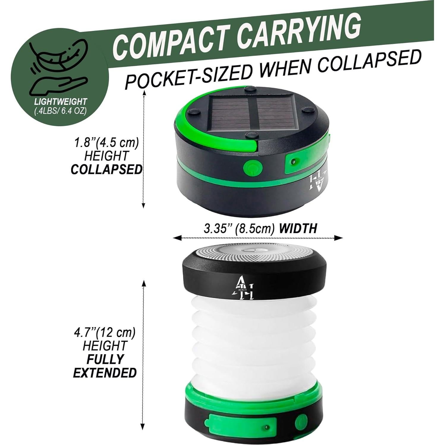 Linterna de Camping Solar Asaeh - Plegable, Recargable, Verde
