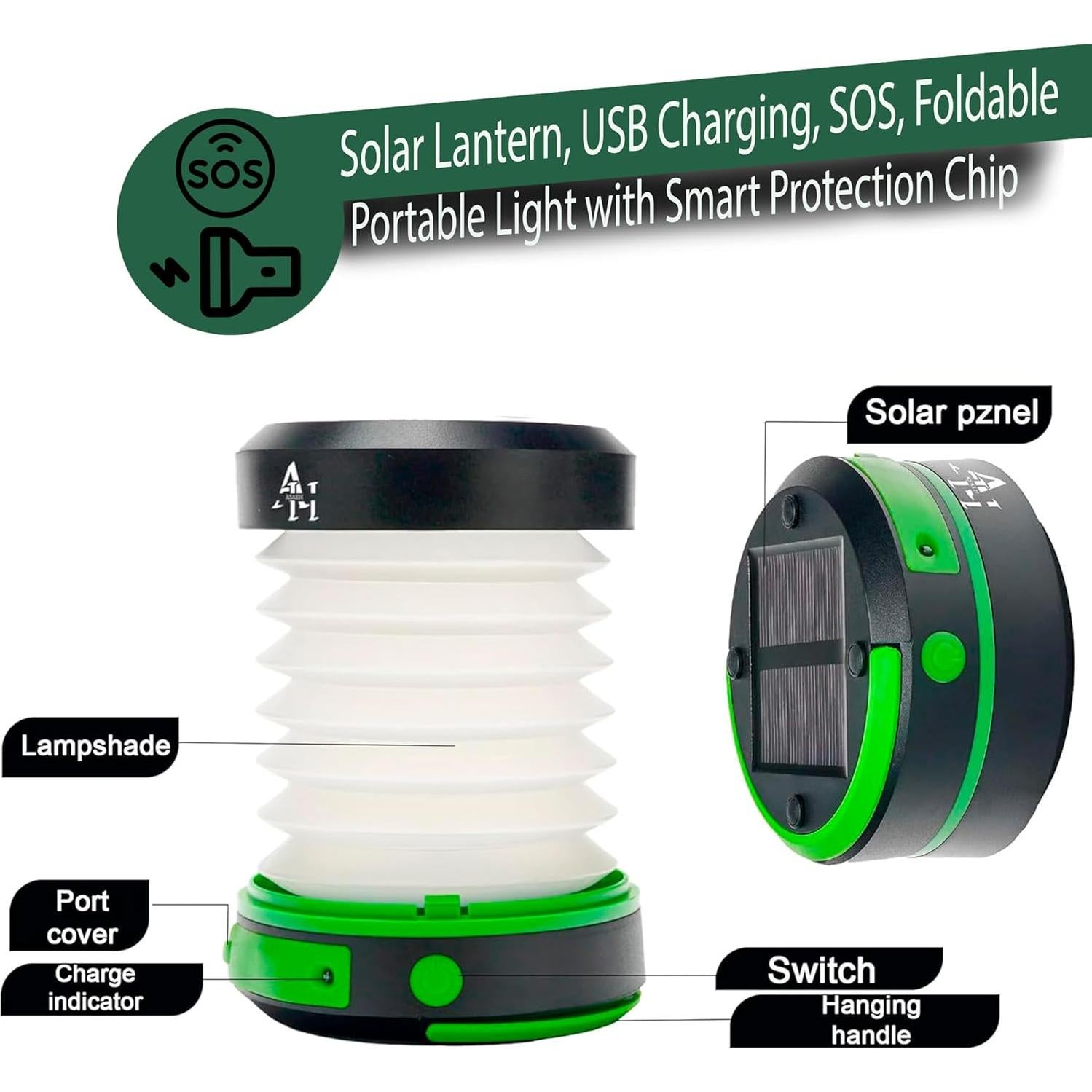 Linterna de Camping Solar Asaeh - Plegable, Recargable, Verde