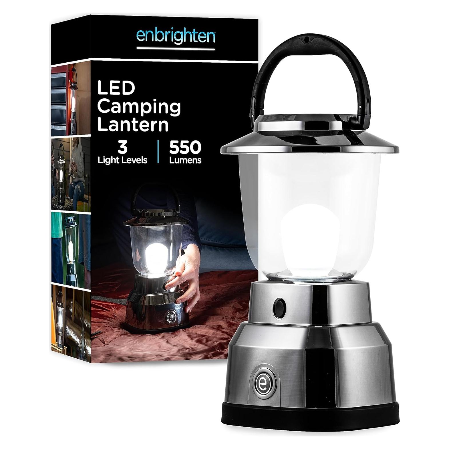 Enbrighten Brushed Nickel LED Camping Lantern, Battery Powered, 550 Lumens, 280 Hour Runtime, Carabiner Handle, Hiking Gear, Emergency Light, Blackout, Storm, Hurricane, 14210