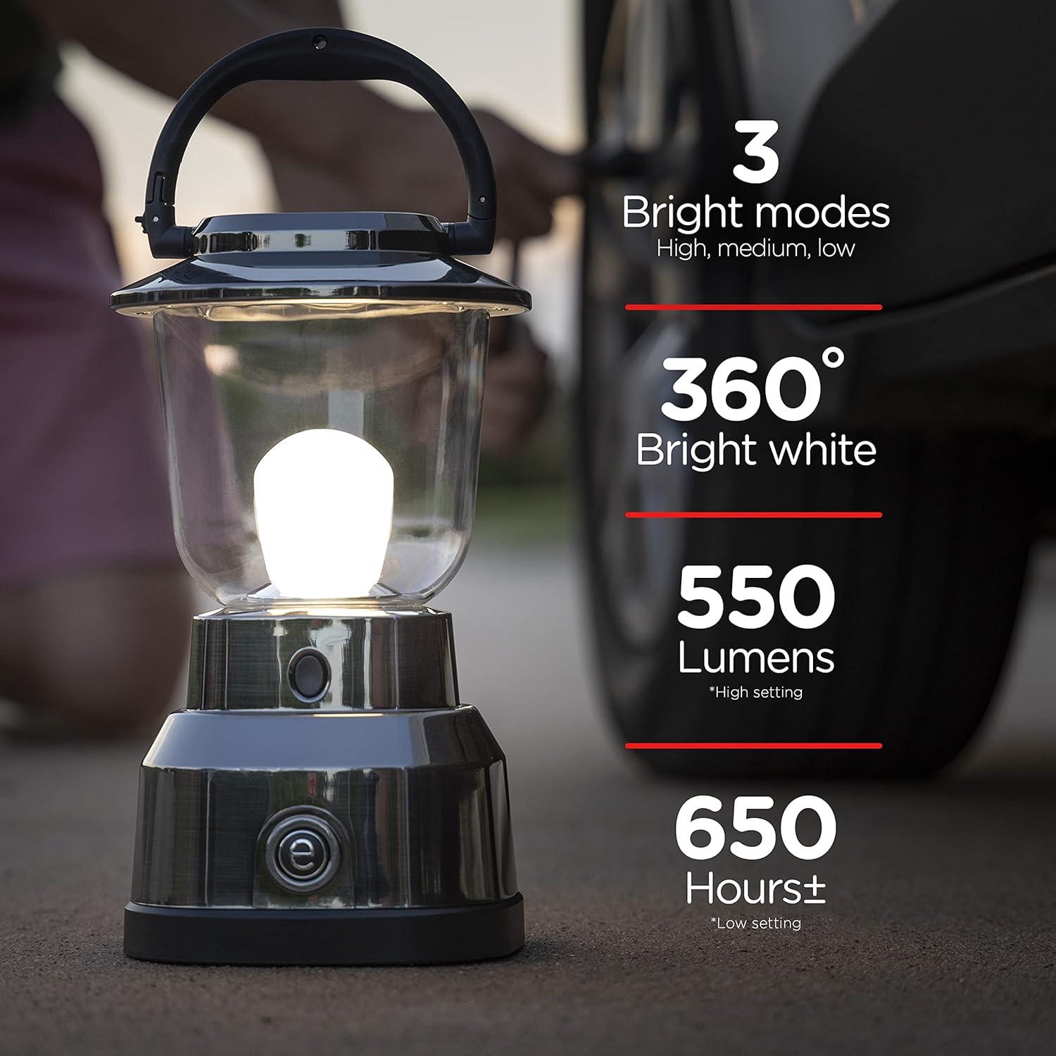 Enbrighten Brushed Nickel LED Camping Lantern, Battery Powered, 550 Lumens, 280 Hour Runtime, Carabiner Handle, Hiking Gear, Emergency Light, Blackout, Storm, Hurricane, 14210