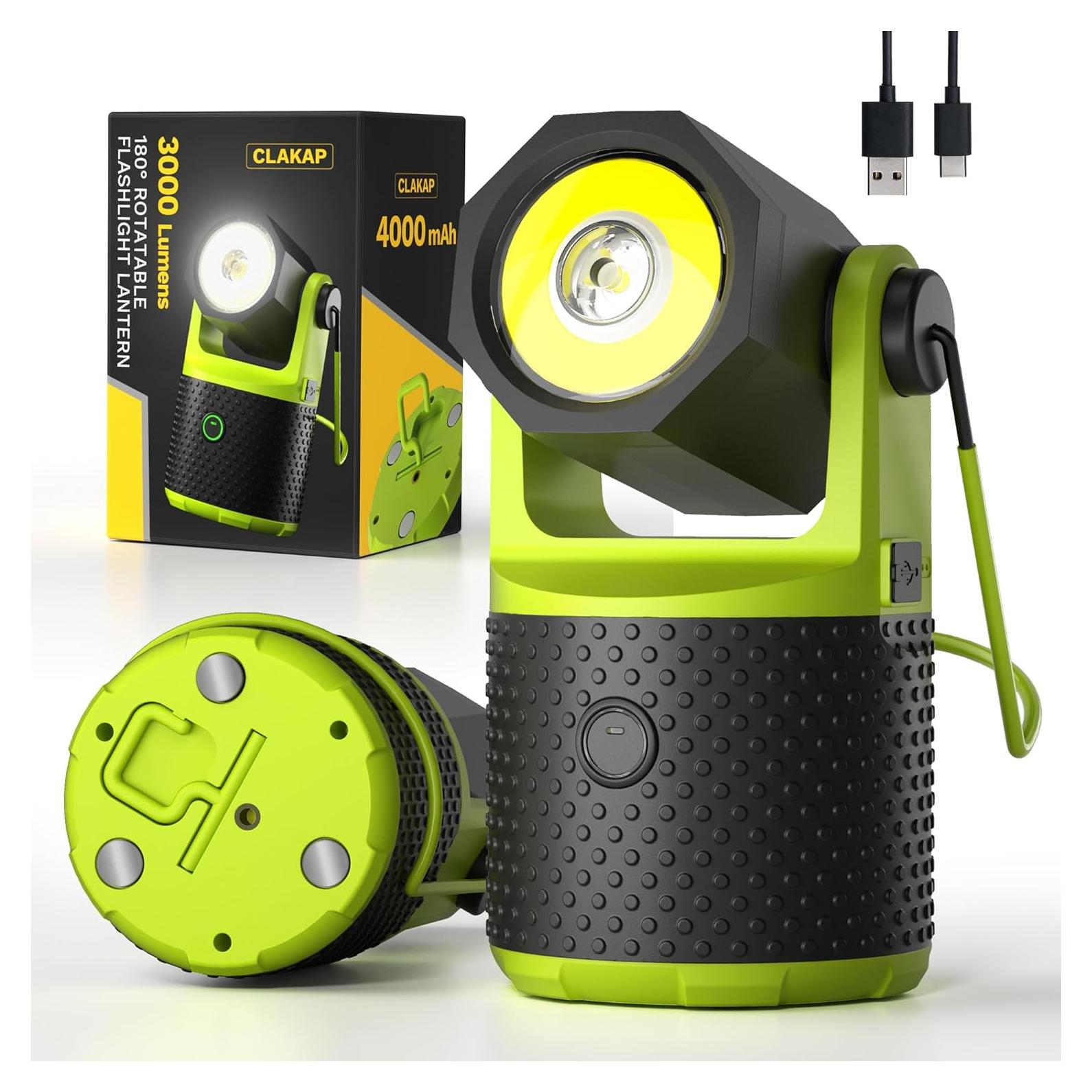 CLAKAP LED Camping Lantern, 3000Lumens Rechargeable 180°Rotatable Flashlight Lantern, Portable Camping Light with 4000mAh Phone Charger, IPX4 Waterproof Lanterns for Power Outages Hurricane