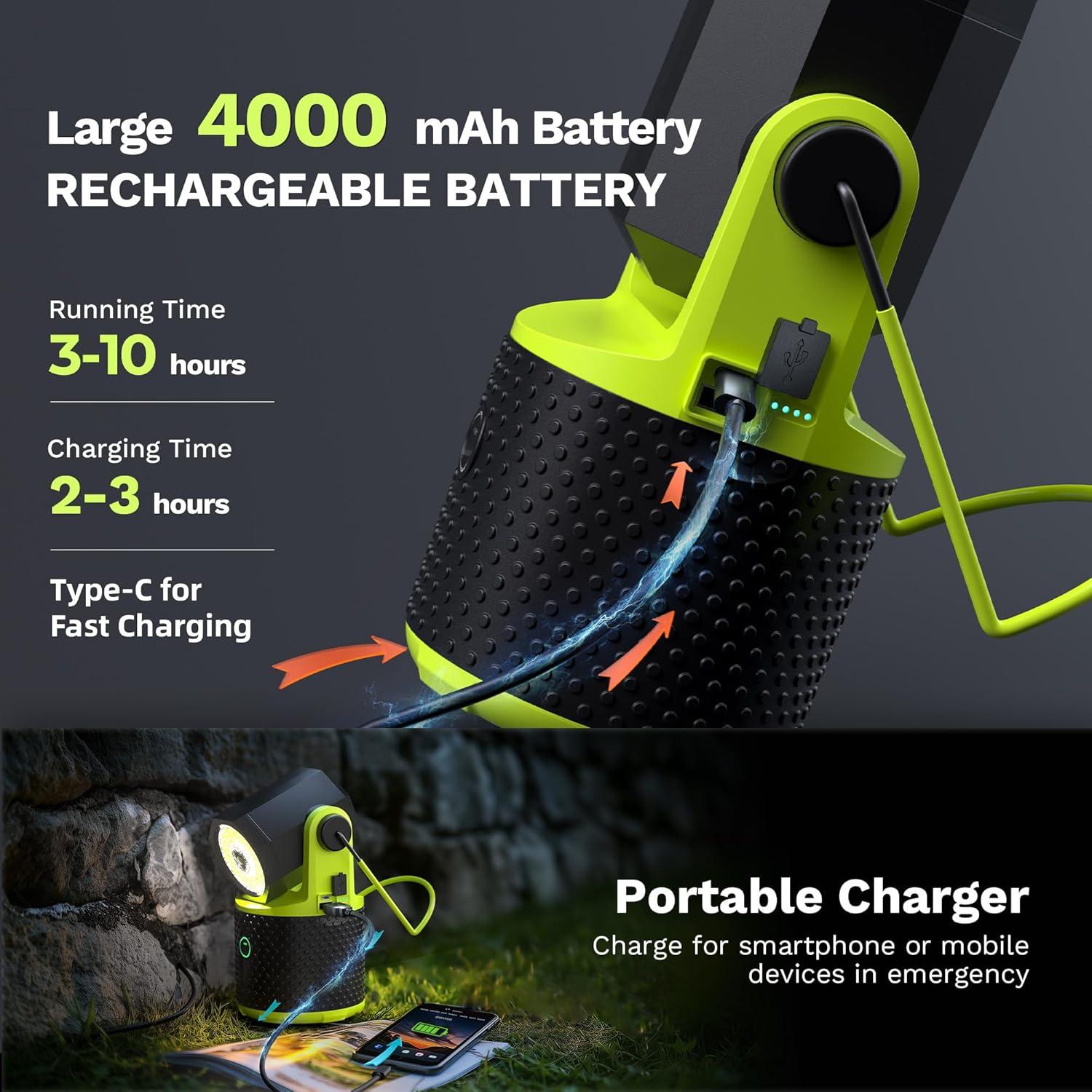 CLAKAP LED Camping Lantern, 3000Lumens Rechargeable 180°Rotatable Flashlight Lantern, Portable Camping Light with 4000mAh Phone Charger, IPX4 Waterproof Lanterns for Power Outages Hurricane