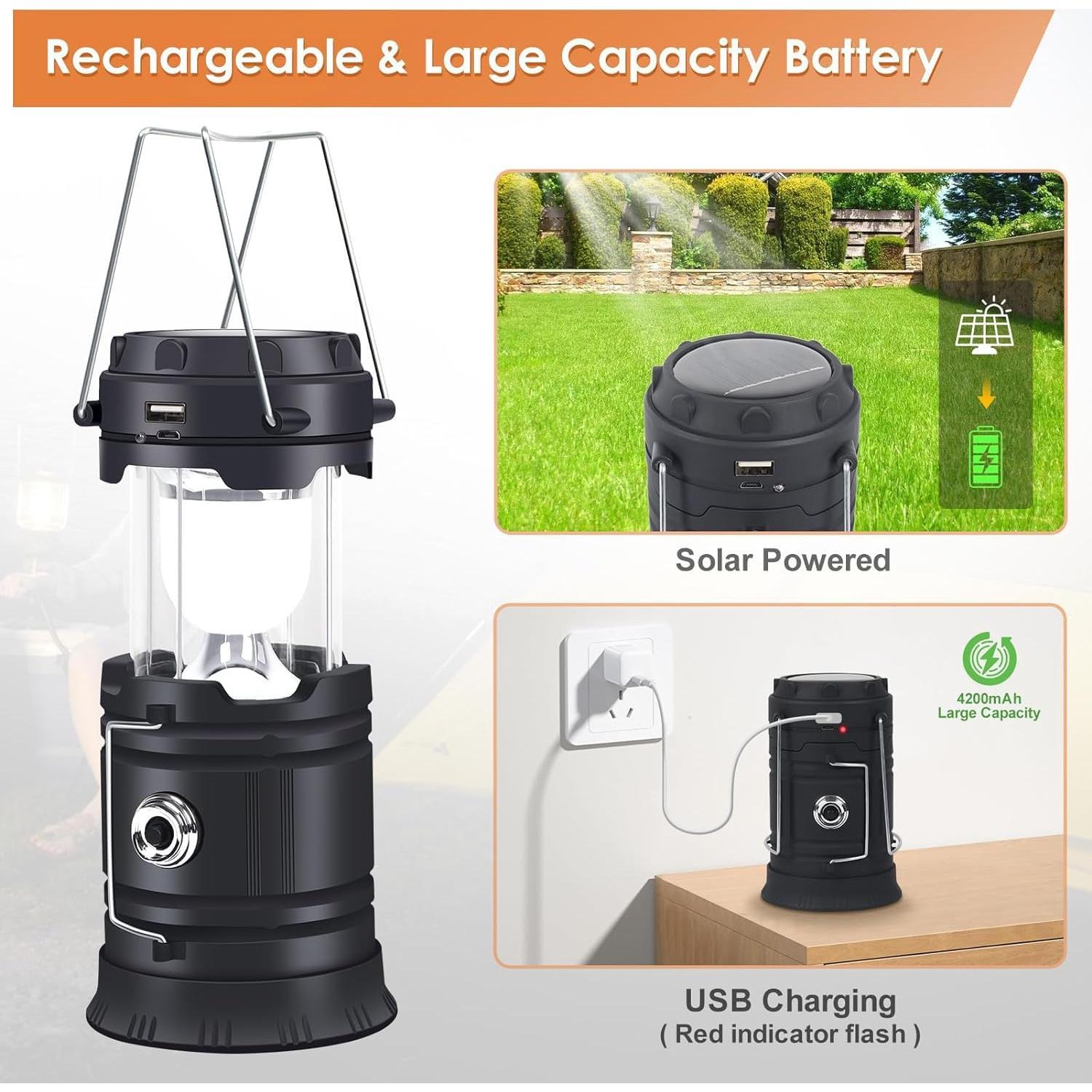 Linterna LED Plegable de Camping Negra - Doble Función Solar