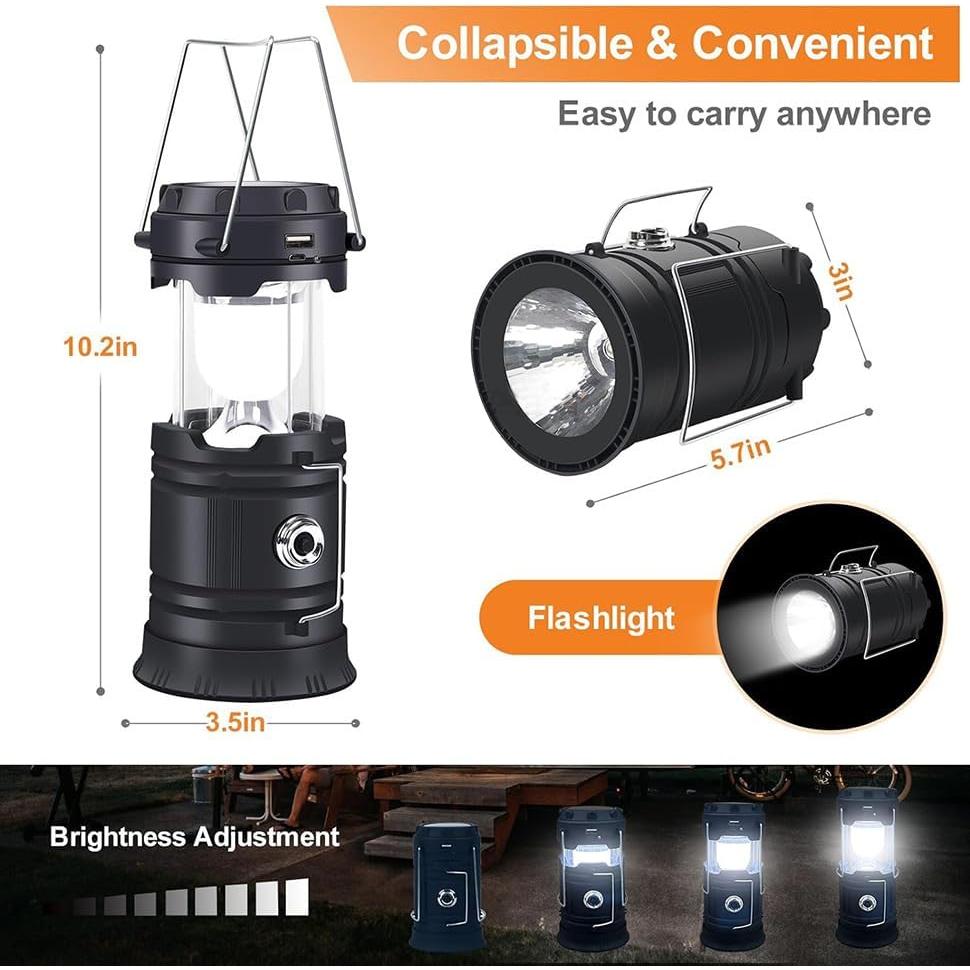 Linterna LED Plegable de Camping Negra - Doble Función Solar