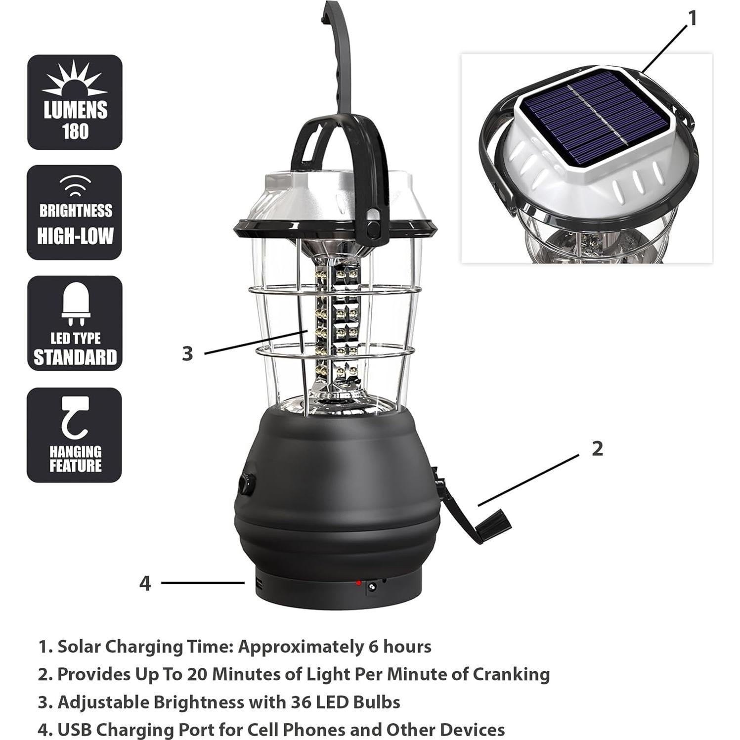 Linterna Solar y Dynamo Whetstone 180 Lúmenes Recargable