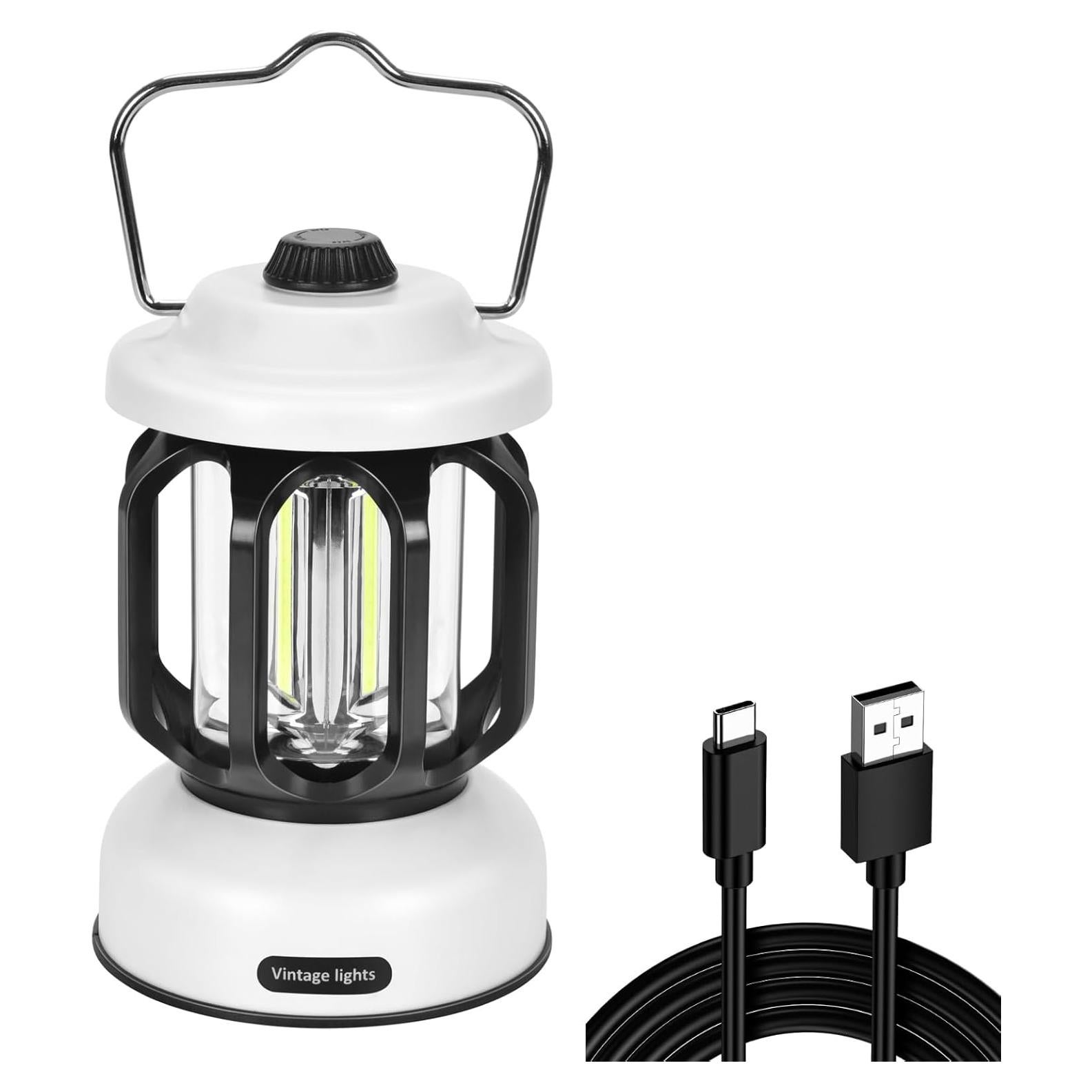 Camping Lantern Rechargeable, 360° Brightness Dimmable Retro Camping Light, Hanging Vintage Camping Lamp Outdoor Tent Light for Power Outage, Hurricane, Emergency, 3A Battery Included, White