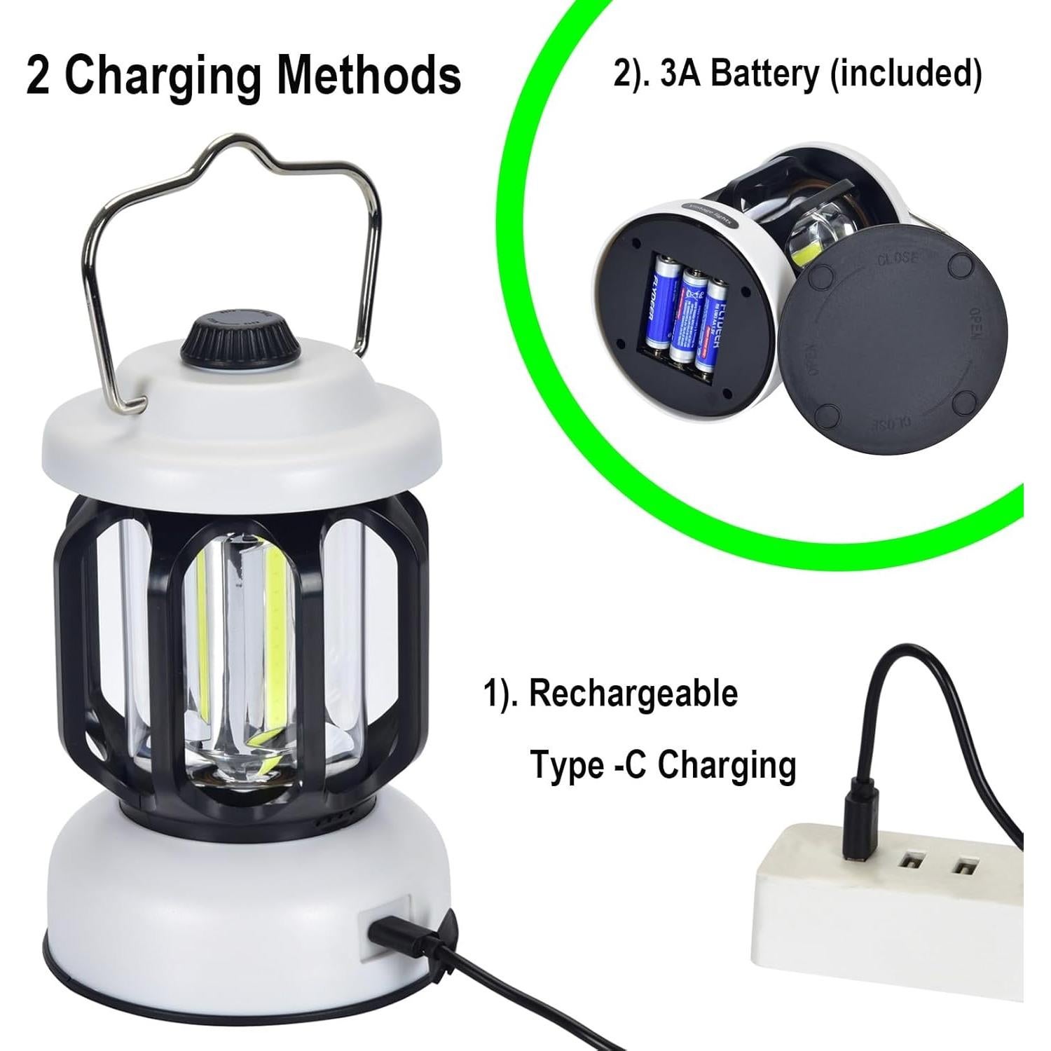 Camping Lantern Rechargeable, 360° Brightness Dimmable Retro Camping Light, Hanging Vintage Camping Lamp Outdoor Tent Light for Power Outage, Hurricane, Emergency, 3A Battery Included, White