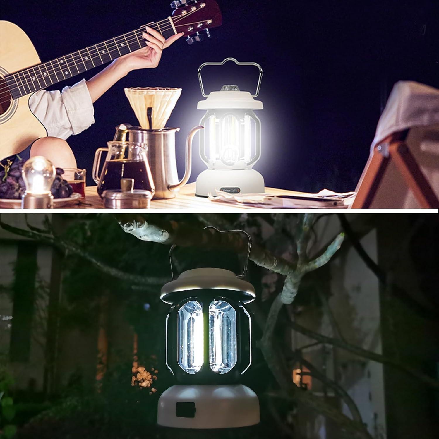 Camping Lantern Rechargeable, 360° Brightness Dimmable Retro Camping Light, Hanging Vintage Camping Lamp Outdoor Tent Light for Power Outage, Hurricane, Emergency, 3A Battery Included, White