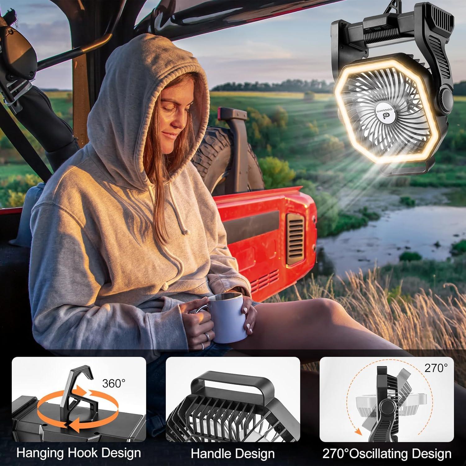 Ventilador de Camping Odoland 20000mAh con Linterna LED Negro