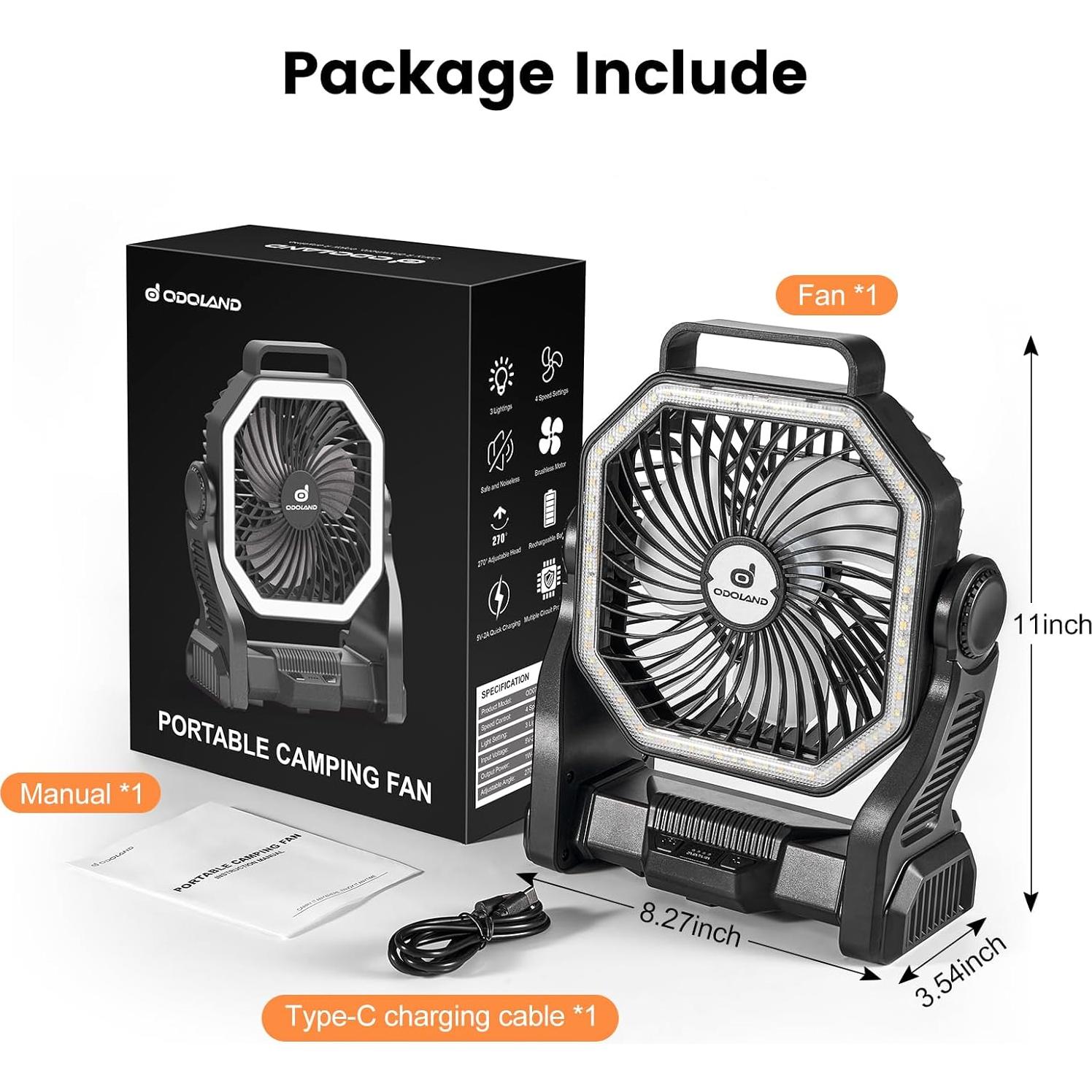 Ventilador de Camping Odoland 20000mAh con Linterna LED Negro