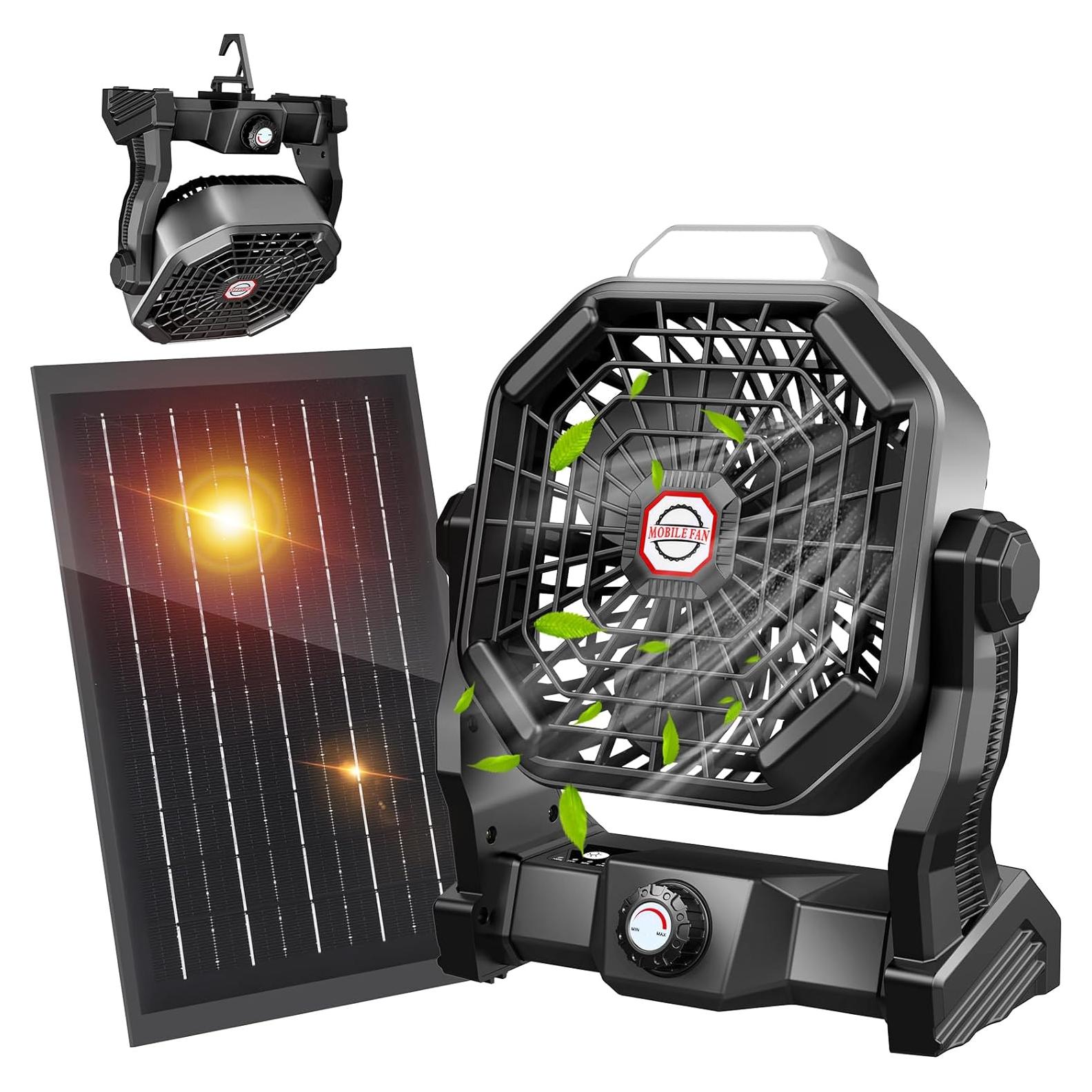 20000mAh Solar Fan with LED Lantern, Camping Fan with Solar Panel, 7W Rechargeable Powered for Outside, Quiet Battery Operated Tent Fan for Picnic, Barbecue, Fishing, Travel