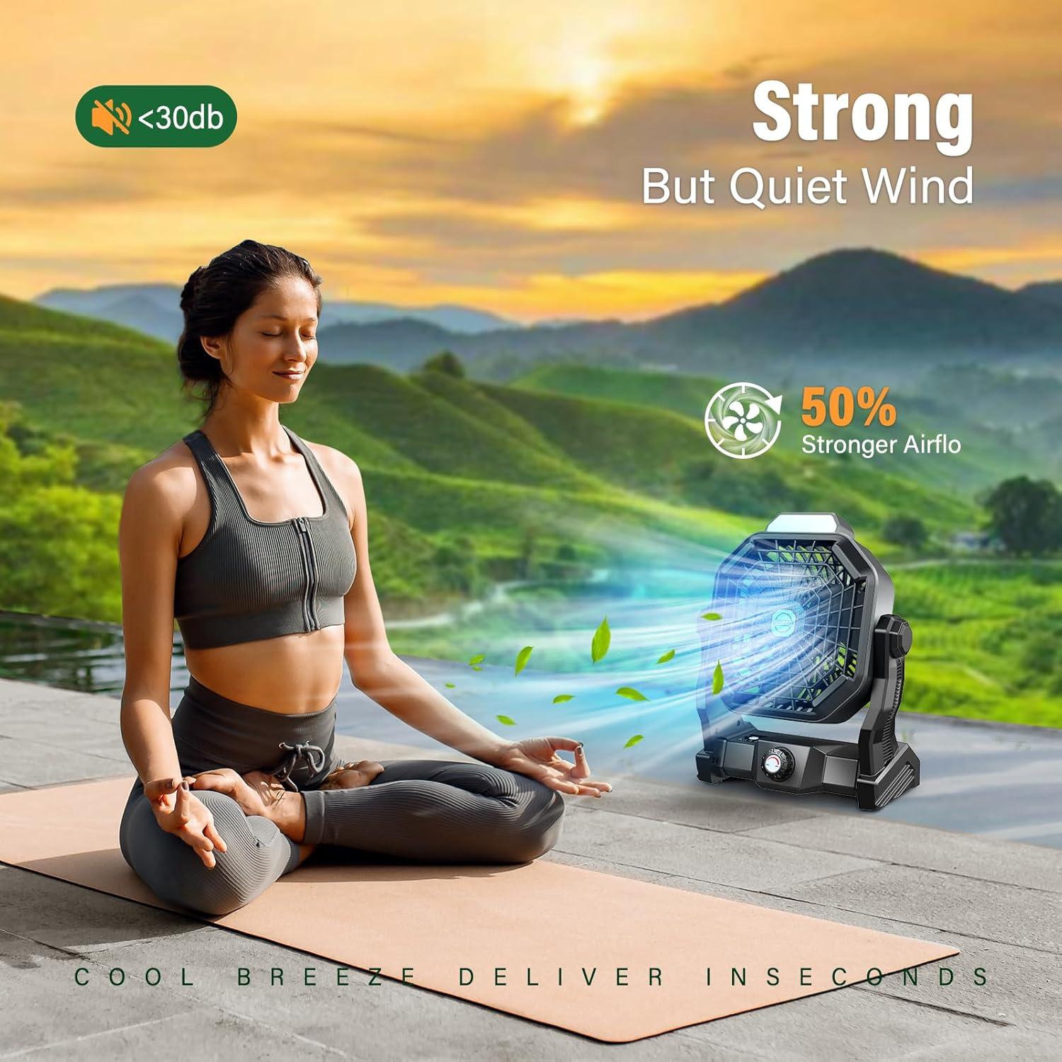 20000mAh Solar Fan with LED Lantern, Camping Fan with Solar Panel, 7W Rechargeable Powered for Outside, Quiet Battery Operated Tent Fan for Picnic, Barbecue, Fishing, Travel