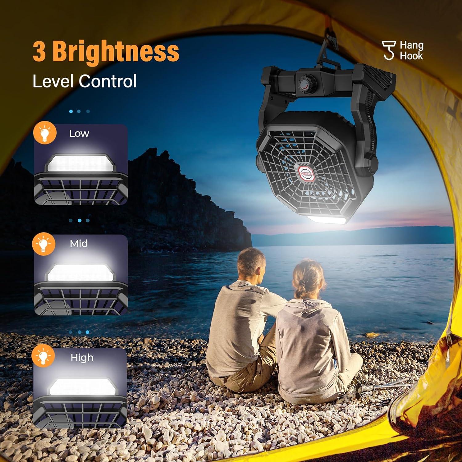 20000mAh Solar Fan with LED Lantern, Camping Fan with Solar Panel, 7W Rechargeable Powered for Outside, Quiet Battery Operated Tent Fan for Picnic, Barbecue, Fishing, Travel