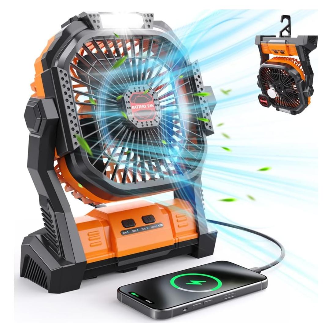 Portable Battery Operated Fan, 20000mAh Rechargeable Camping Fan with LED Lantern, Hang Hook, Camping Gear for Travel, BBQ, Fishing, Hurricane （Orange）