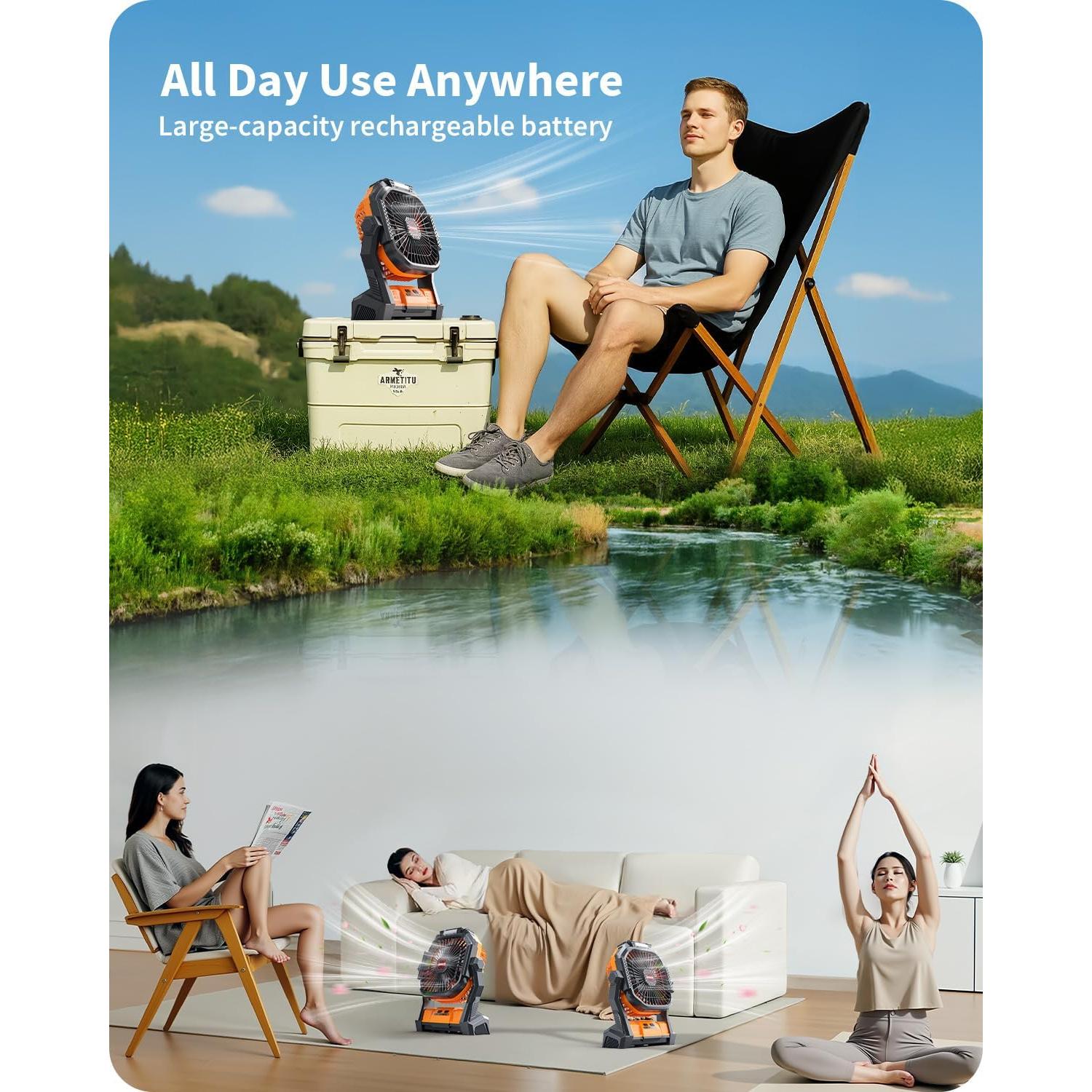 Portable Battery Operated Fan, 20000mAh Rechargeable Camping Fan with LED Lantern, Hang Hook, Camping Gear for Travel, BBQ, Fishing, Hurricane （Orange）