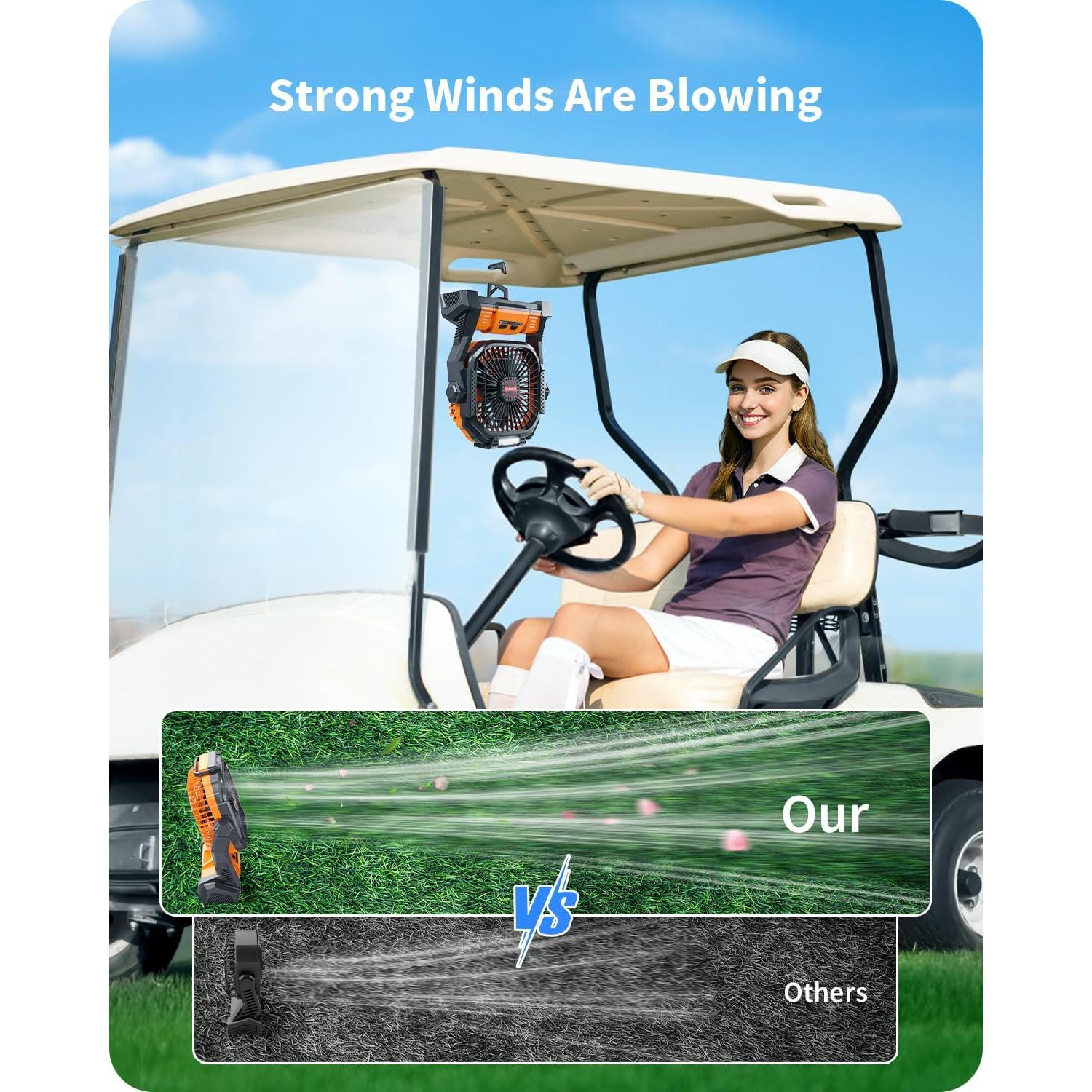 Portable Battery Operated Fan, 20000mAh Rechargeable Camping Fan with LED Lantern, Hang Hook, Camping Gear for Travel, BBQ, Fishing, Hurricane （Orange）