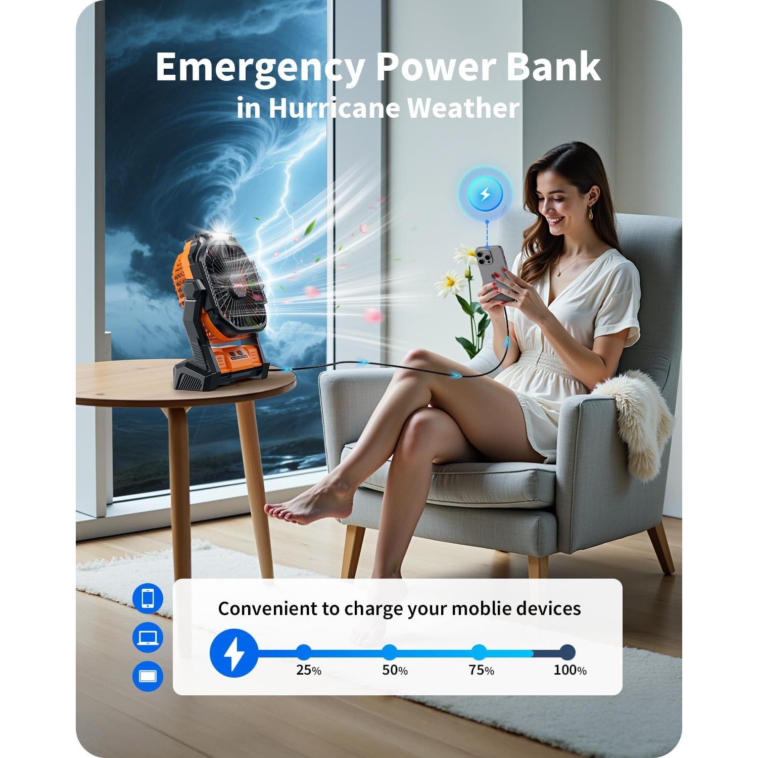 Portable Battery Operated Fan, 20000mAh Rechargeable Camping Fan with LED Lantern, Hang Hook, Camping Gear for Travel, BBQ, Fishing, Hurricane （Orange）