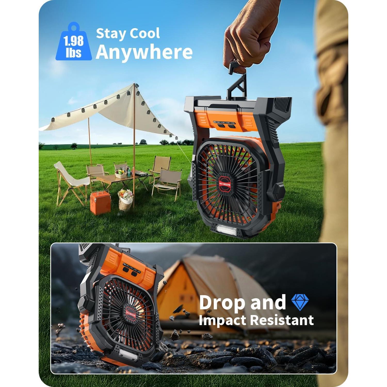 Portable Battery Operated Fan, 20000mAh Rechargeable Camping Fan with LED Lantern, Hang Hook, Camping Gear for Travel, BBQ, Fishing, Hurricane （Orange）