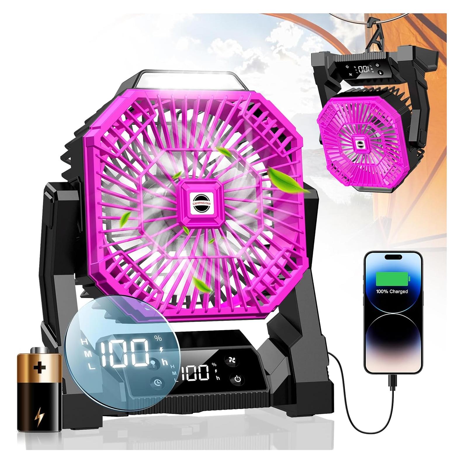 Ventilador de Camping Hiketrax Rosa 30000mAh con Linterna LED