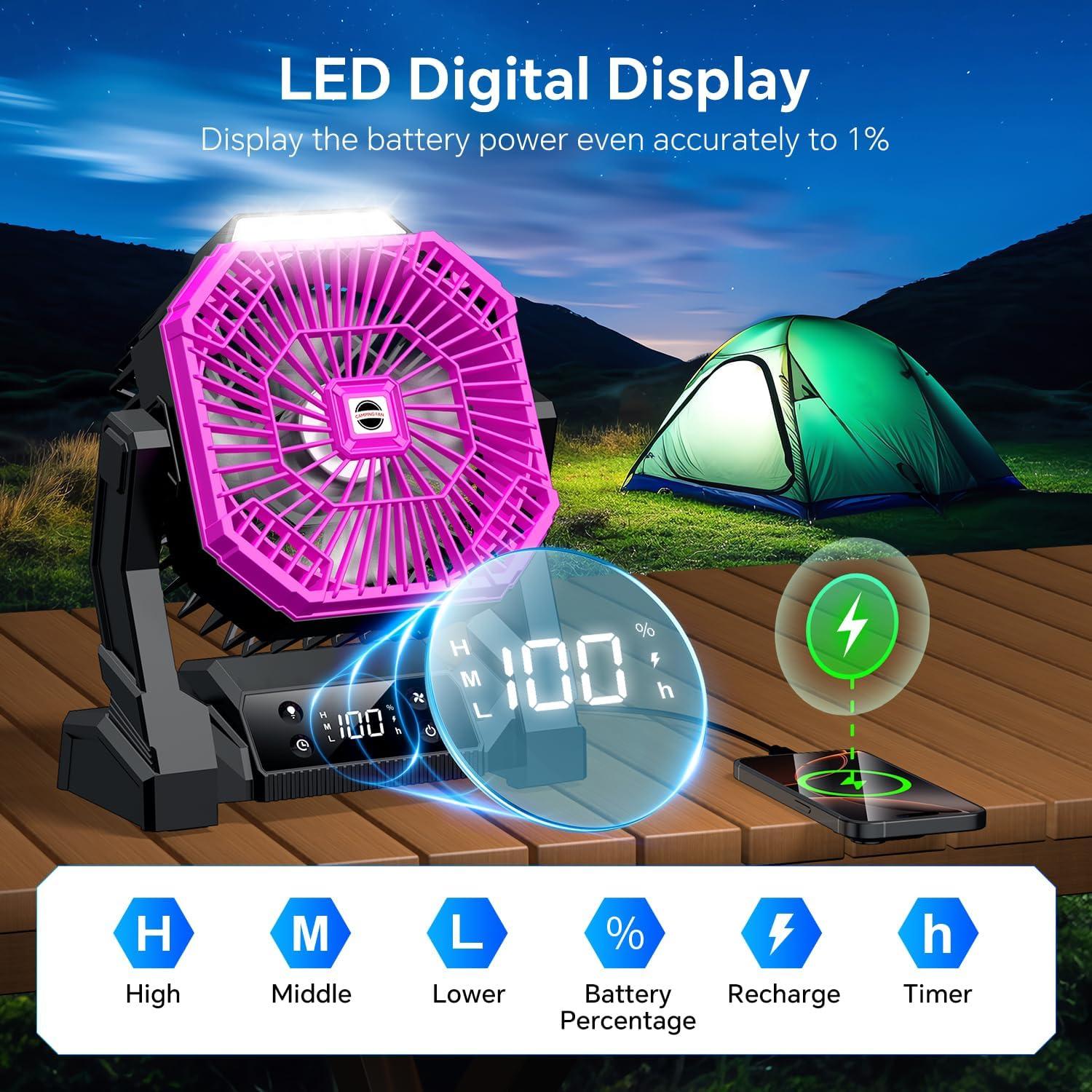 Ventilador de Camping Hiketrax Rosa 30000mAh con Linterna LED