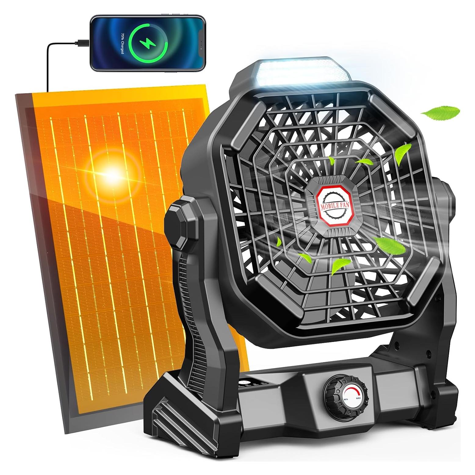 10800mAh Solar Powered Fan, 7W Solar Camping Fans & Led Lantern, 8-inch Rechargeable Fan with Solar Panel, Battery Operated Powered Outdoor Tent Fans for Camping Essentials Accessories