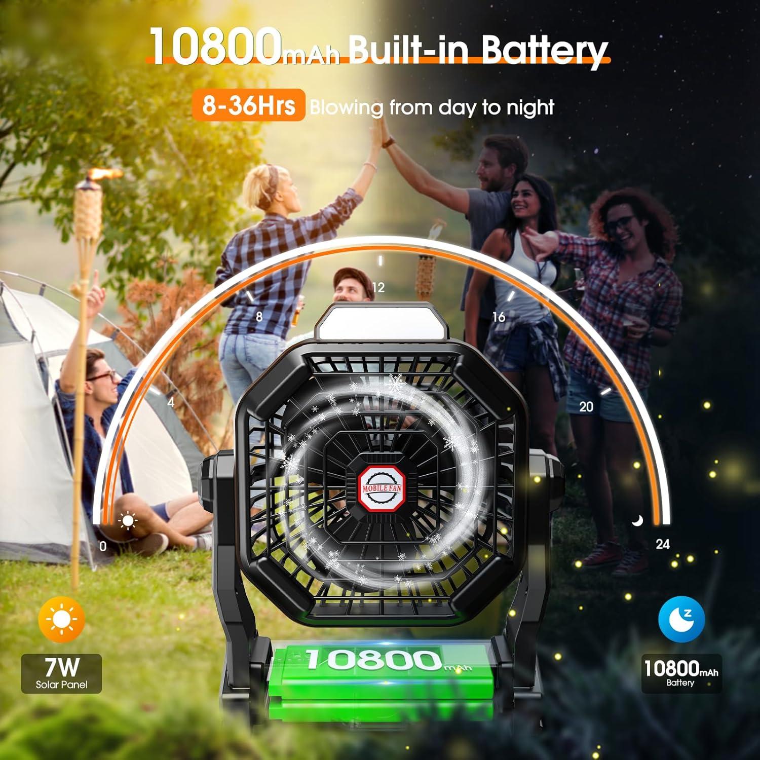 10800mAh Solar Powered Fan, 7W Solar Camping Fans & Led Lantern, 8-inch Rechargeable Fan with Solar Panel, Battery Operated Powered Outdoor Tent Fans for Camping Essentials Accessories