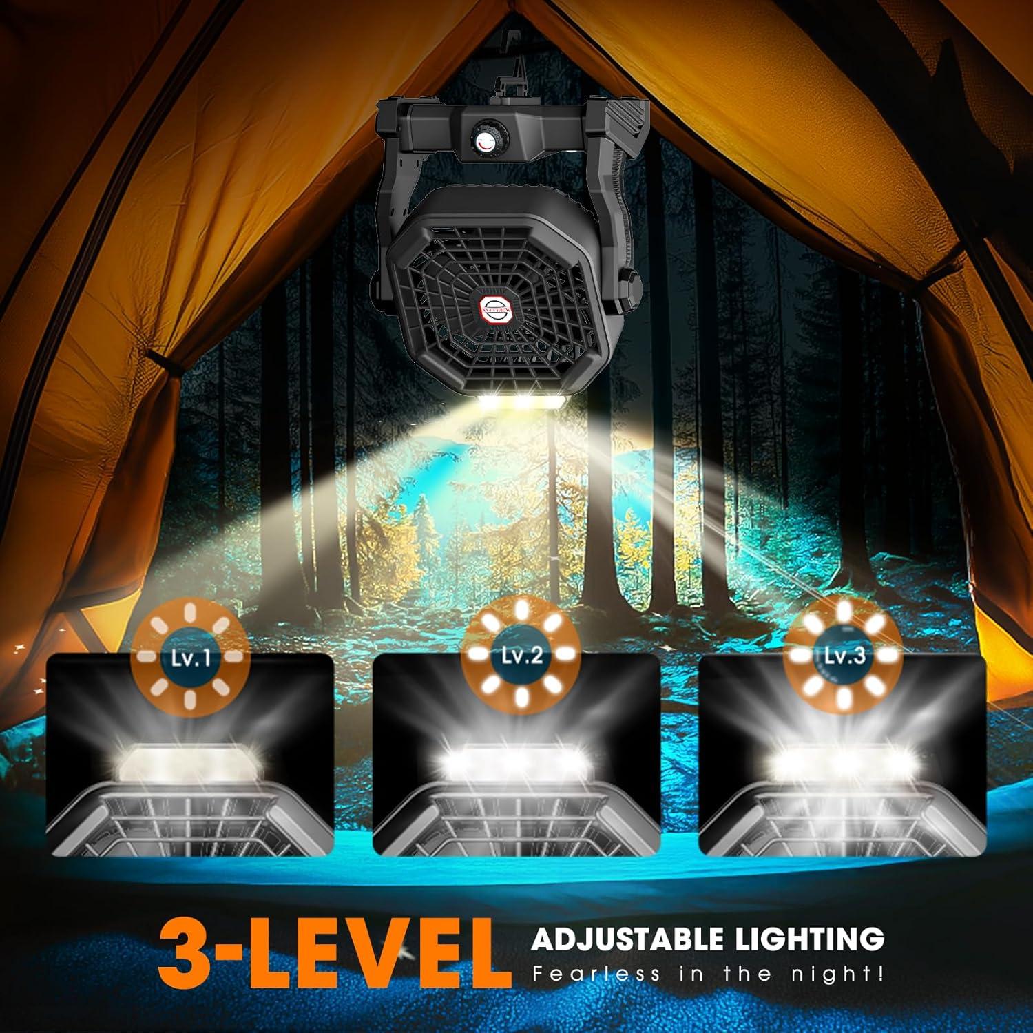 10800mAh Solar Powered Fan, 7W Solar Camping Fans & Led Lantern, 8-inch Rechargeable Fan with Solar Panel, Battery Operated Powered Outdoor Tent Fans for Camping Essentials Accessories