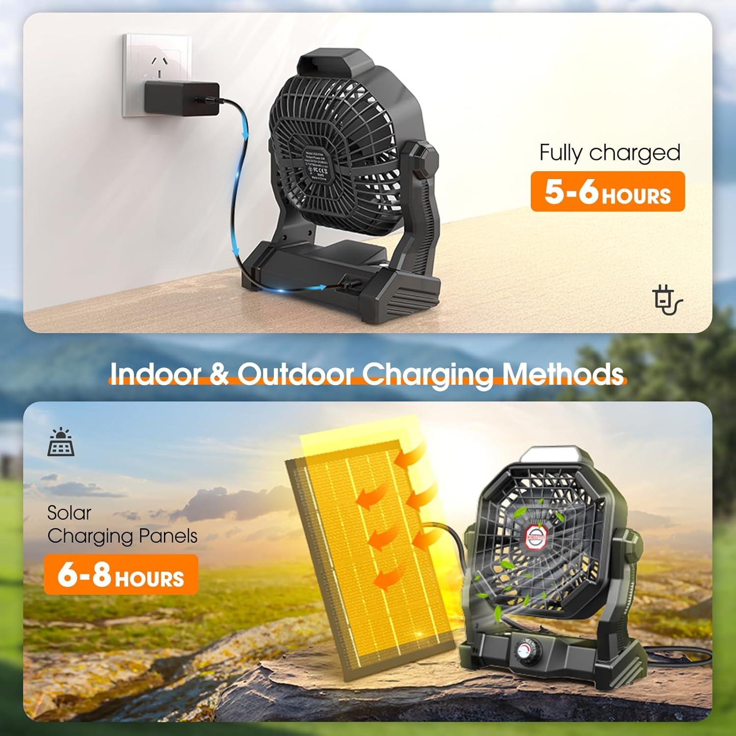 10800mAh Solar Powered Fan, 7W Solar Camping Fans & Led Lantern, 8-inch Rechargeable Fan with Solar Panel, Battery Operated Powered Outdoor Tent Fans for Camping Essentials Accessories