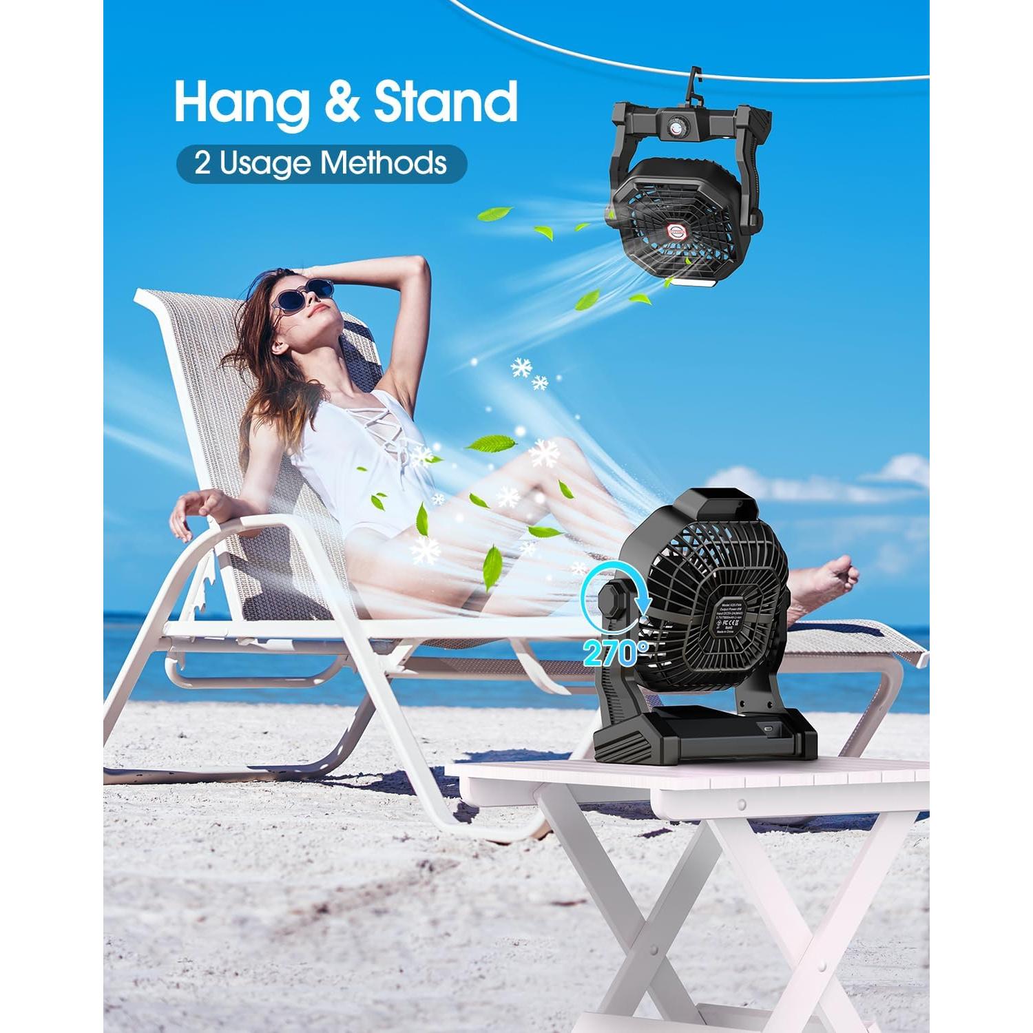 10800mAh Solar Powered Fan, 7W Solar Camping Fans & Led Lantern, 8-inch Rechargeable Fan with Solar Panel, Battery Operated Powered Outdoor Tent Fans for Camping Essentials Accessories