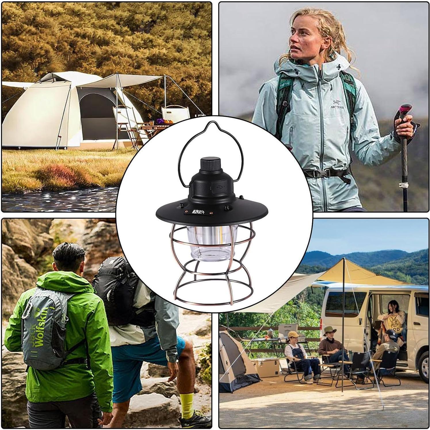 Camping Lantern, Rechargeable Retro Camping Tent Lights Lamp, LED Lantern Battery Powered, Portable Lantern, Tent Lights Hiking Backpacking Gear for Power Outages Hiking Camping,Black