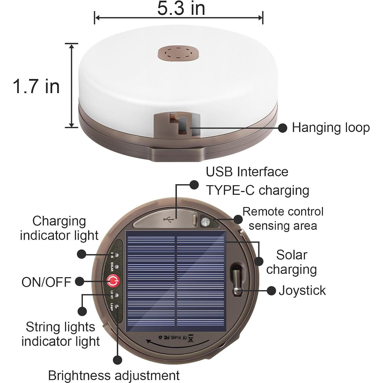 Luz de Camping HELESIN 12.8m Solar Recargable 8 Modos