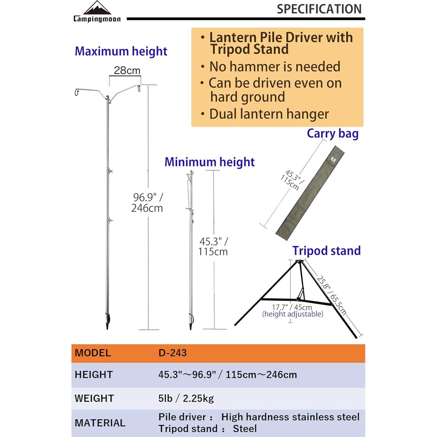 Soporte de Linterna Camping Moon D-243 Ajustable Acero Inoxidable