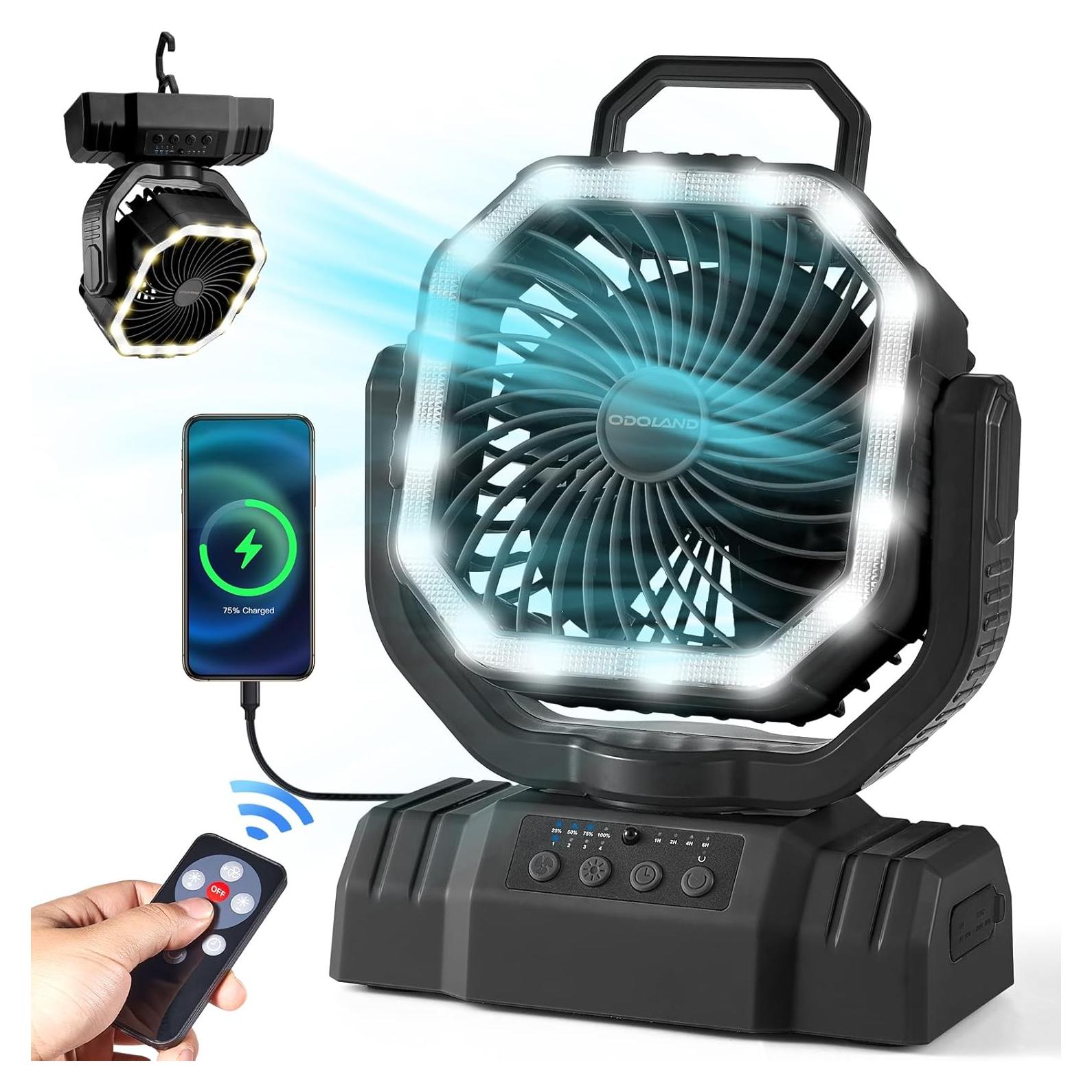 Ventilador de Camping Portátil Odoland 20000mAh con Linterna LED