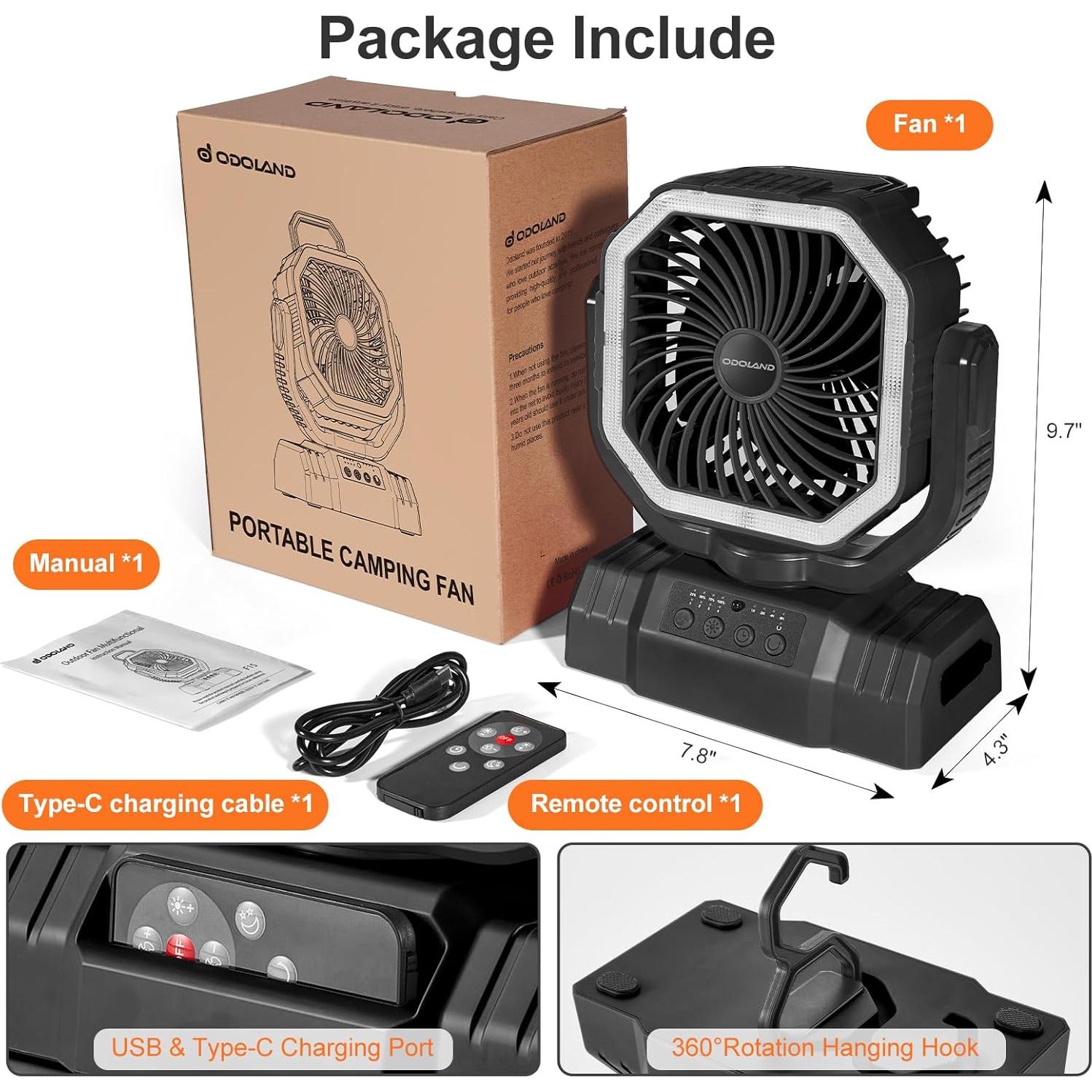 Ventilador de Camping Portátil Odoland 20000mAh con Linterna LED