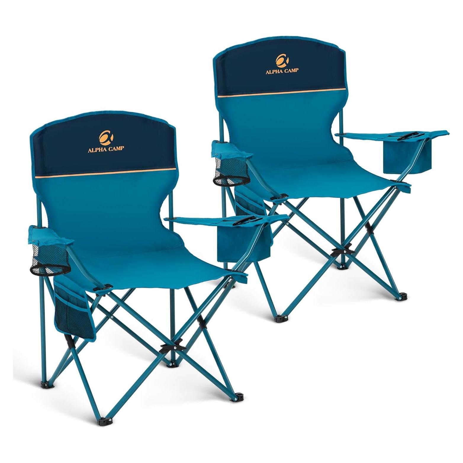 Camping Chair 2 Pack Folding Chair with 3-Can Cooler Bag Portable Lawn Chair with Cup Holder,Storage Pocket, Supports 225LBS, Collapsible Chair for Camp, Beach, Picnic (Blue)