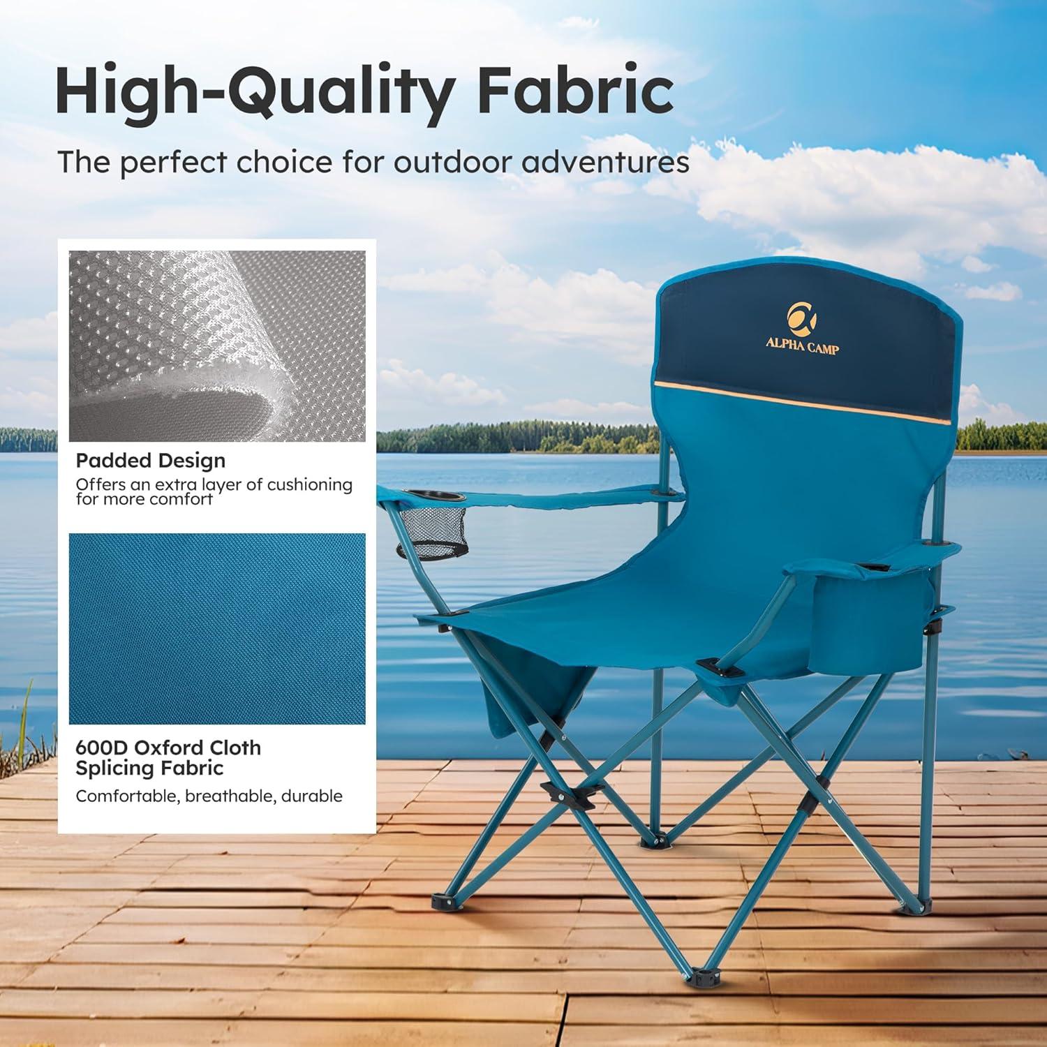 Camping Chair 2 Pack Folding Chair with 3-Can Cooler Bag Portable Lawn Chair with Cup Holder,Storage Pocket, Supports 225LBS, Collapsible Chair for Camp, Beach, Picnic (Blue)