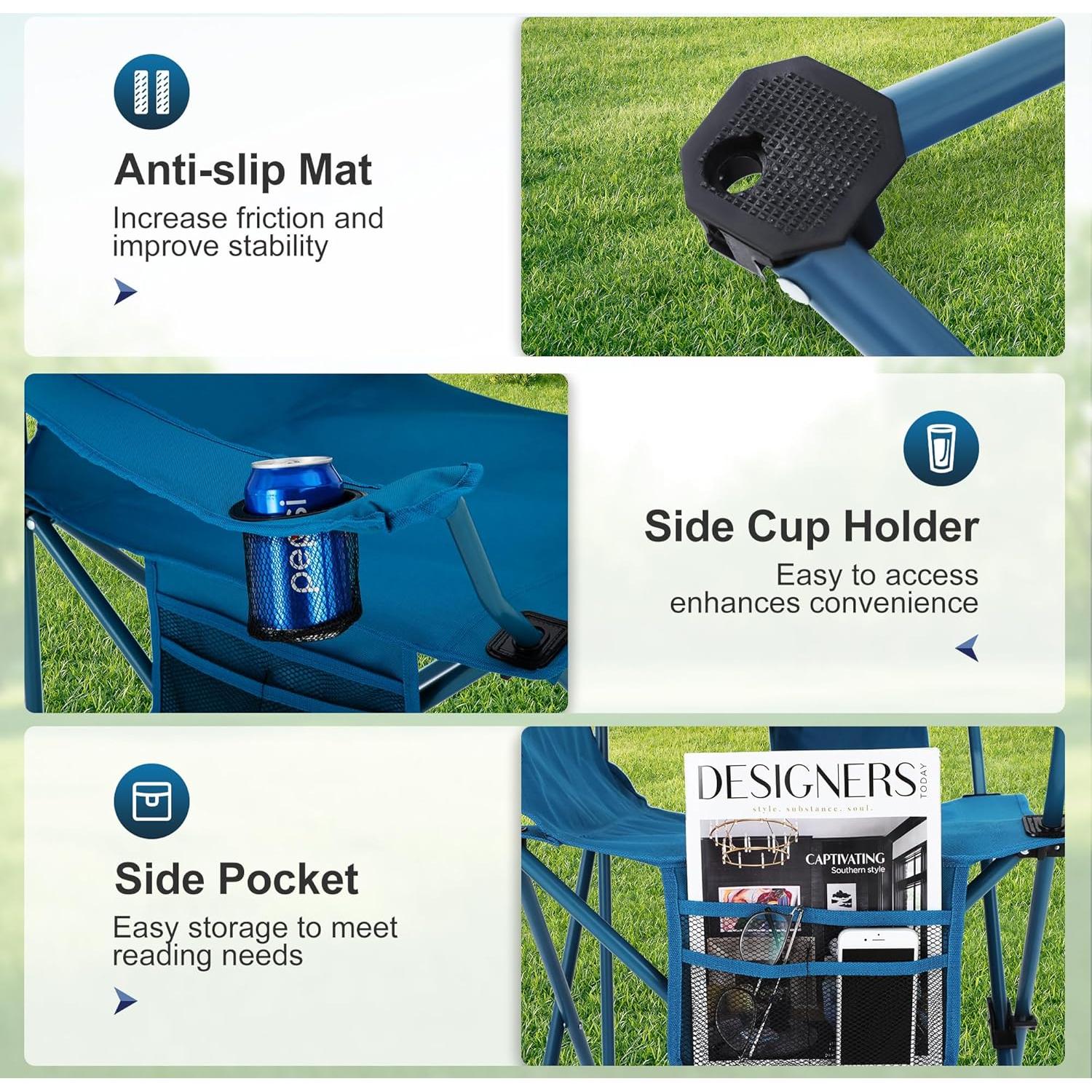 Camping Chair 2 Pack Folding Chair with 3-Can Cooler Bag Portable Lawn Chair with Cup Holder,Storage Pocket, Supports 225LBS, Collapsible Chair for Camp, Beach, Picnic (Blue)