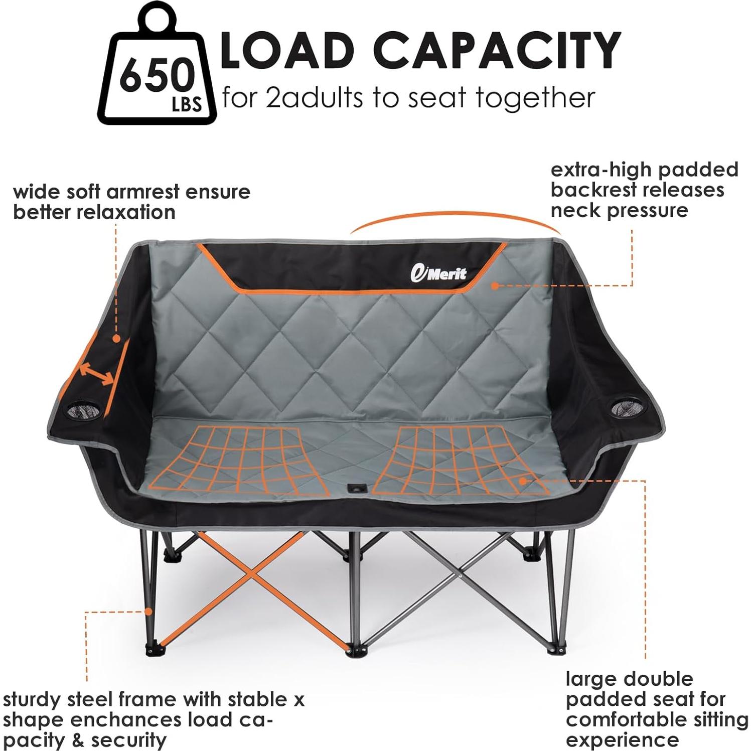 Silla de Camping Doble EMERIT Plegable Acolchada 295 kg