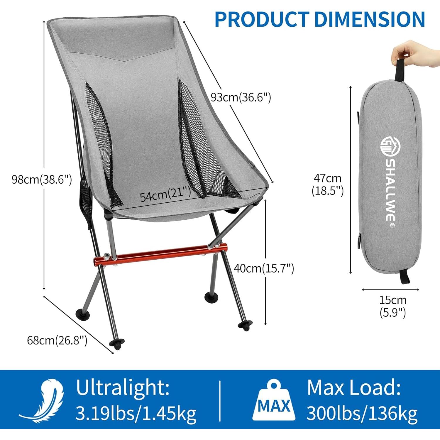 Silla de Camping Plegable SHALLWE Gris Respaldo Alto 136kg