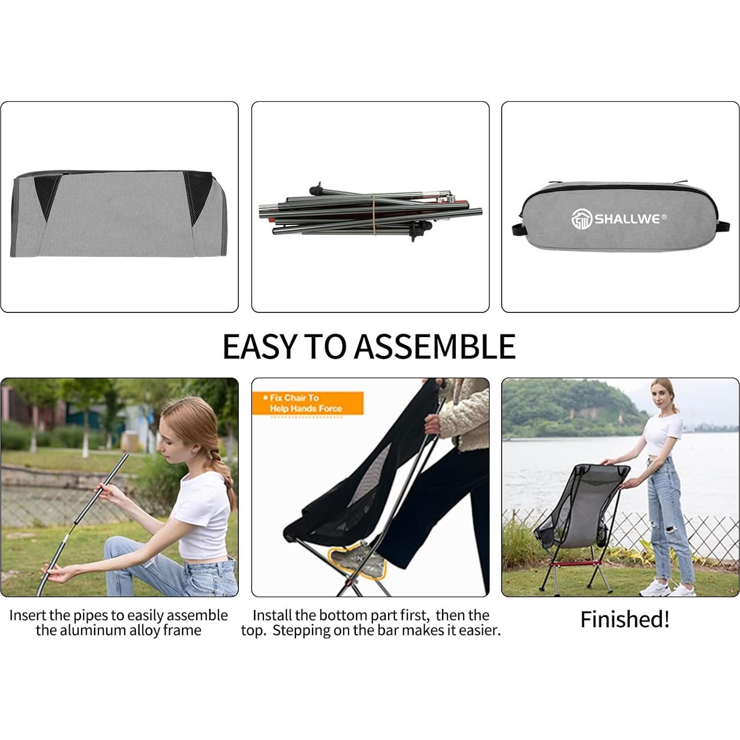 Silla de Camping Plegable SHALLWE Gris Respaldo Alto 136kg