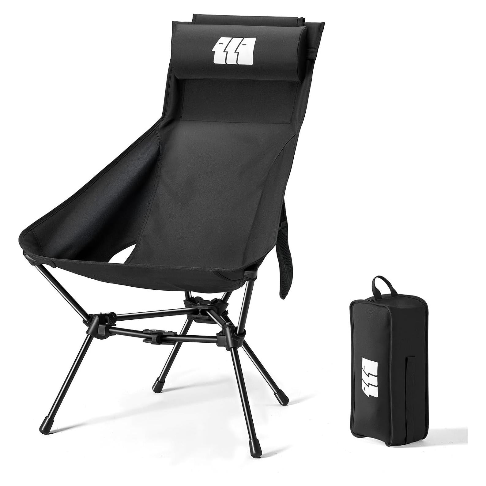 Camping Chair, High Back Folding Camping Chair with Removable Headrest and Carry Bag, Heavy Duty Compact Chair for Outdoor Camp, Travel, Beach, Picnic, Fishing, Suitable for Adults (Black)