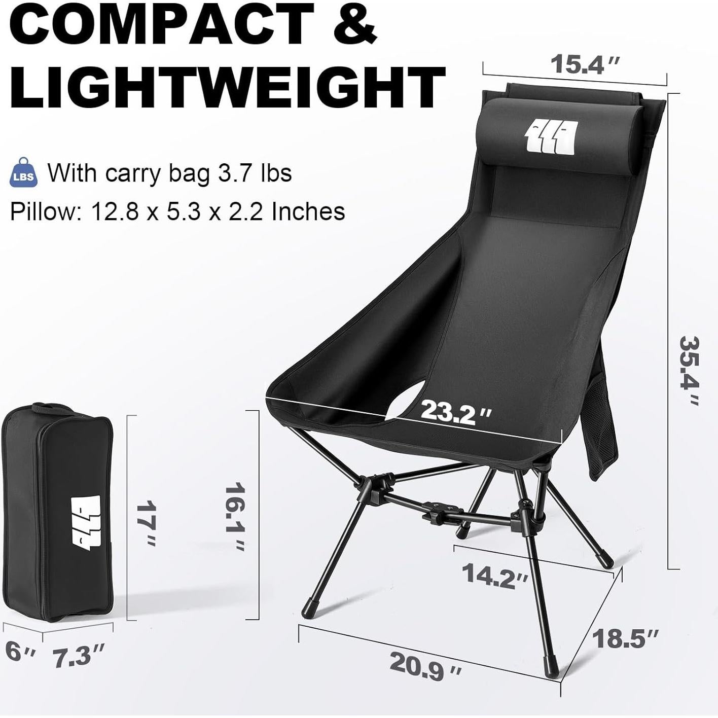 Camping Chair, High Back Folding Camping Chair with Removable Headrest and Carry Bag, Heavy Duty Compact Chair for Outdoor Camp, Travel, Beach, Picnic, Fishing, Suitable for Adults (Black)